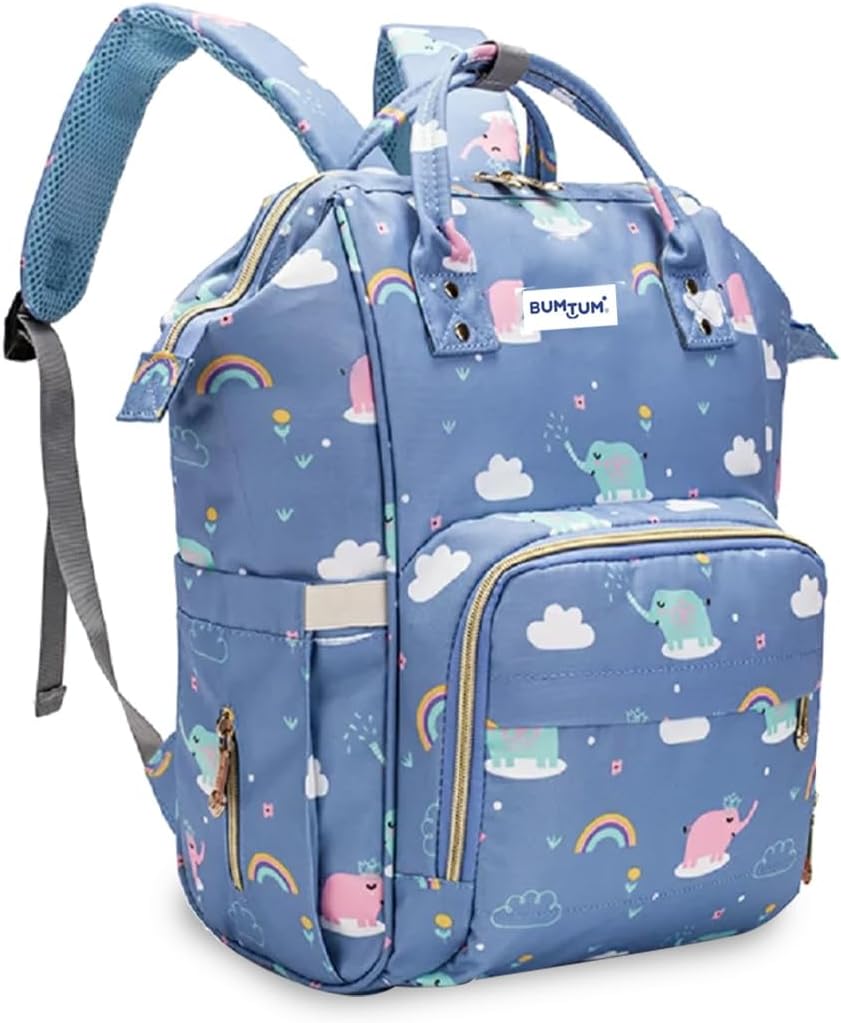 Bumtum Baby Diaper Bag for Mothers | Spacious Waterproof Backpack with Multiple Pockets to Easily Organise Baby Essentials, Various Sized Pockets (Printed, Blue)