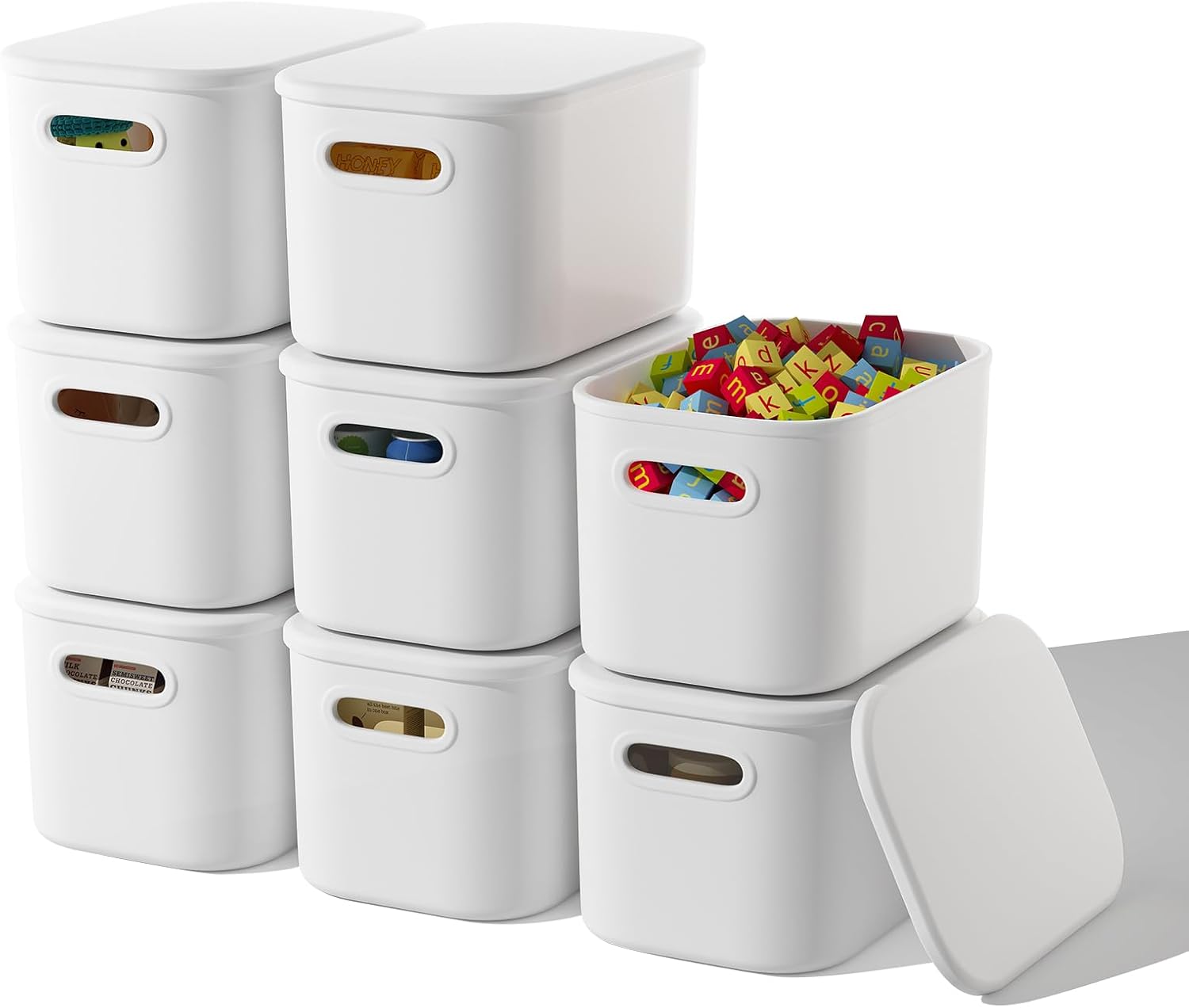 ORGIDOL 8 Pack White Storage Bins with Lids Stackable Storage Container for Organizing, Storage Boxes with Handle for Shelves, Cute Storage Bin for Craft, Snacks, 9.85×6.9×5.7 inch