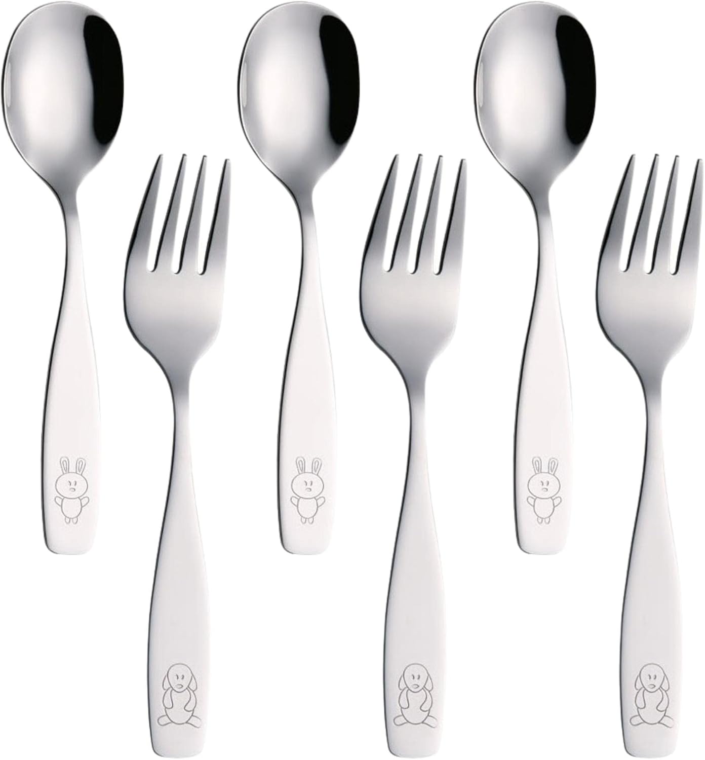 Exzact Children Flatware 6pcs – 3 x Forks, 3 x Spoons – Toddler Utensil Kids Silverware Cutlery Stainless Steel – Dishwasher Safe