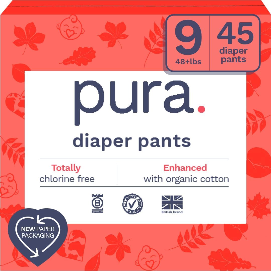 Pura Hypoallergenic Diaper Pants Size 9 (48+ lbs) Overnight, up to 12 Hours Leak Protection, Suitable for Sensitive Skin, Totally Chlorine Free, Soft Organic Cotton, 3 Packs of 15 (45 Pull Up Pants)