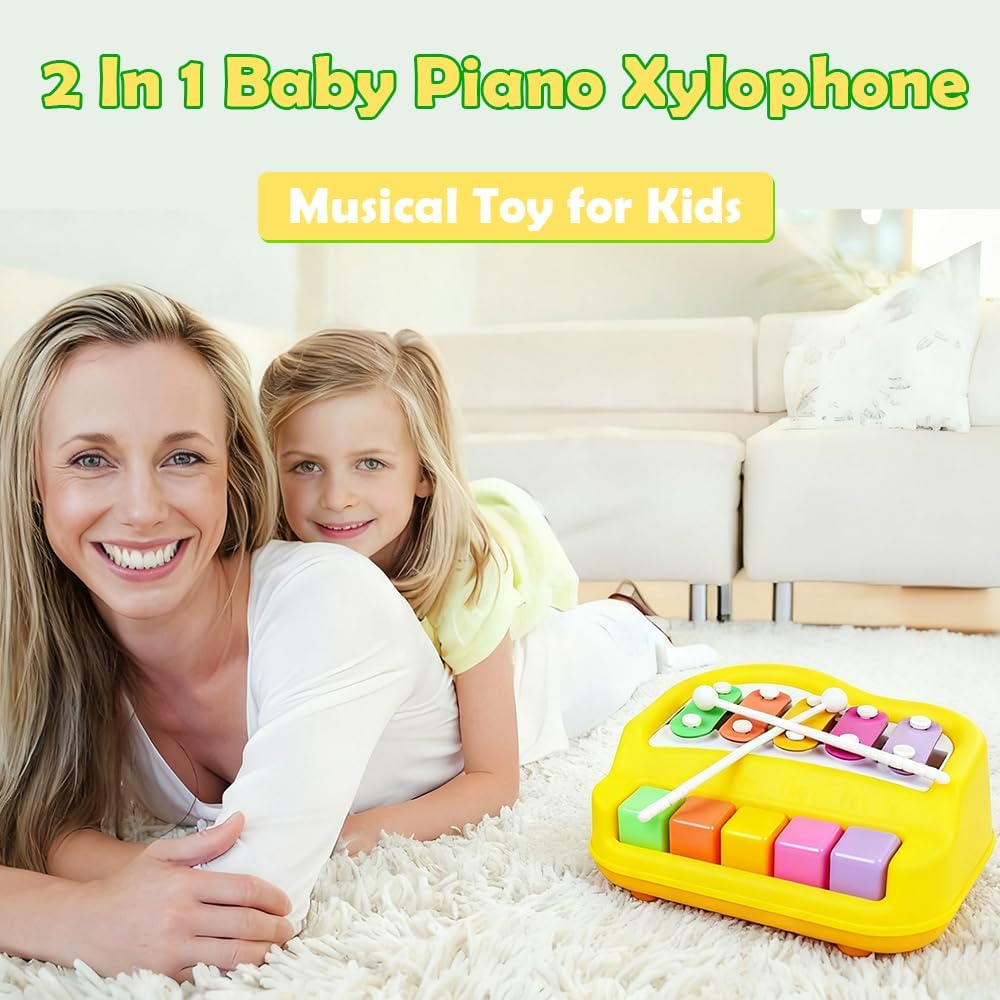 2 in 1 Xylophone for Toddlers, Baby Xylophone Piano Toy with 5 Multicolored Key Scales and Two Mallets for Kids, Educational Musical Learning Instruments Toy for Boys and Girls (Yellow)