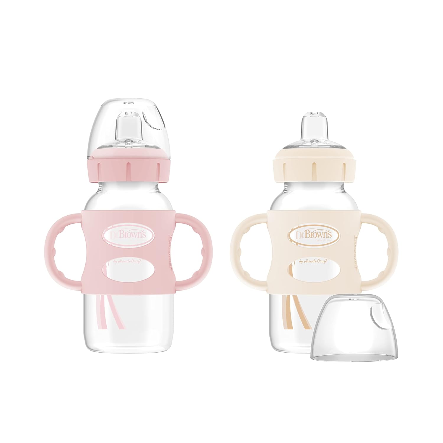 Dr. Brown’s Milestones Wide-Neck Sippy Spout Bottle with 100% Silicone Handles, Easy-Grip Handles with Soft Sippy Spout, 9oz/270mL, Light-Pink & Ecru, 2-Pack, 6m+