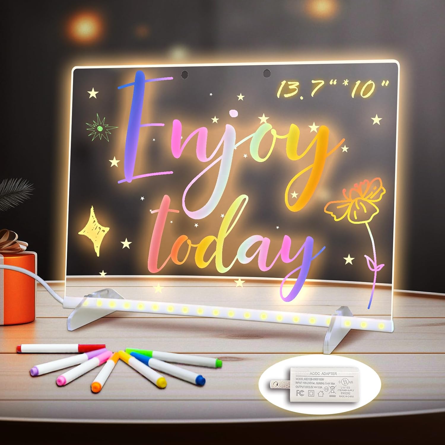 LED Note Board with Colors, 13.7″X10″ 6 Modes & 8 Colors Acrylic Dry Erase Boards with Light, Include Adapter, Hanging Chain, Led Drawing Board for Kids with Stand,7 Markers, Spray Bottle