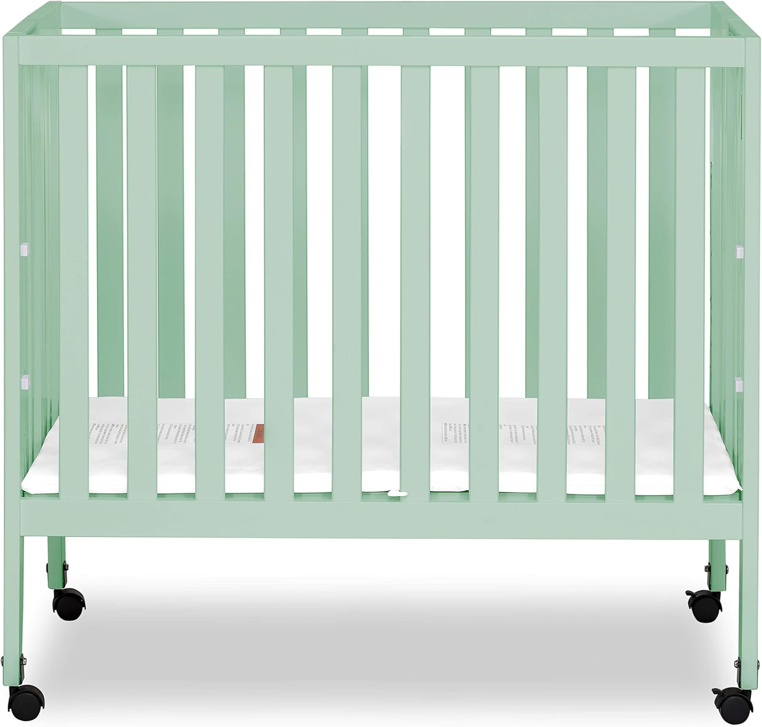 Dream On Me Jett Mini Folding Baby Crib in Mint, GreenGuard Gold & BSA, Lightweight & Portable, Patented Flat Folding System for Small Spaces & Travel, 1.5” Mattress Pad, 3 Heights, Safe Wheels