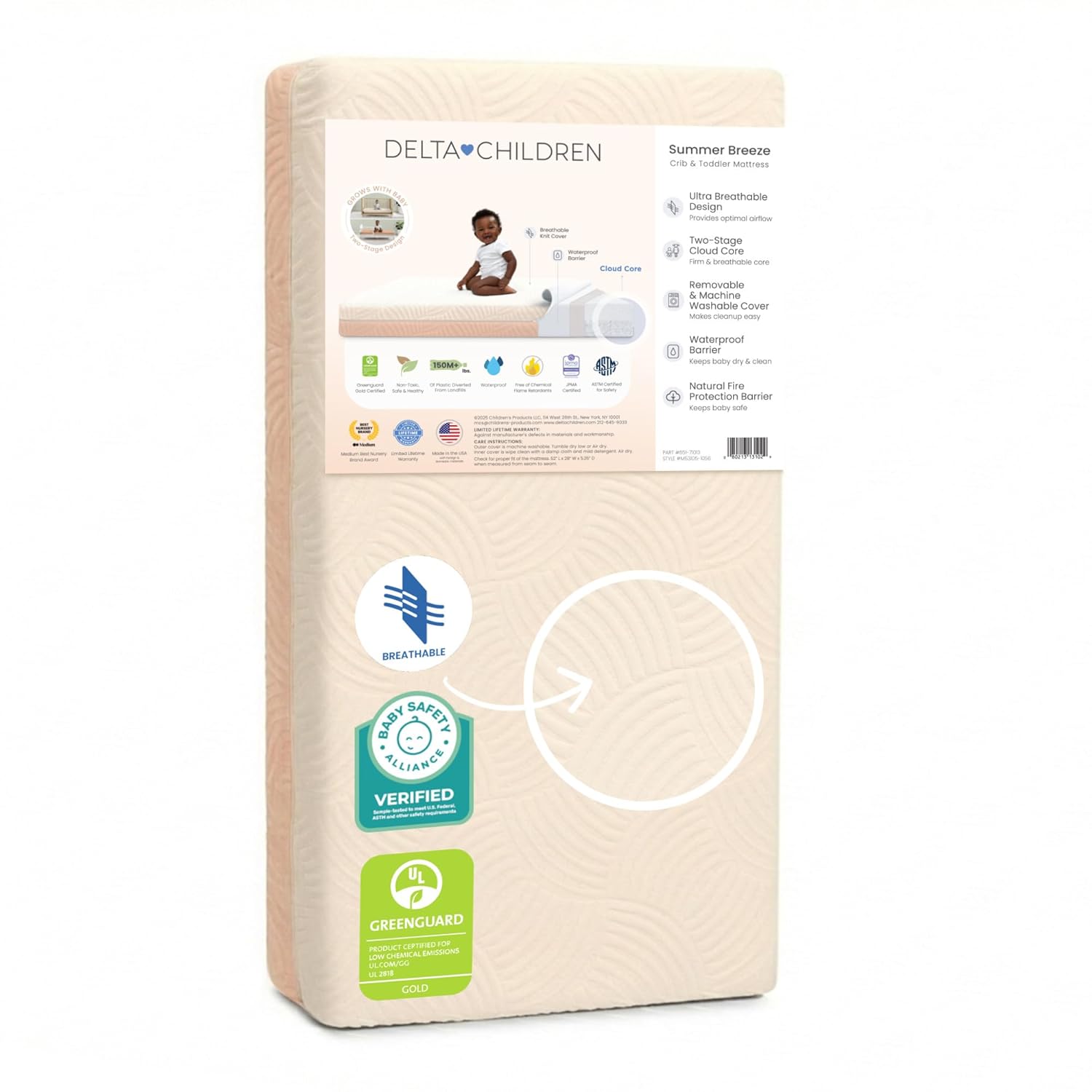 Delta Children Summer Breeze Mattress – Breathable Baby Crib & Toddler Mattress with Cloud Core – Machine Washable Cover – GREENGUARD Gold – Waterproof – Sustainably Sourced Core, Apricot/White