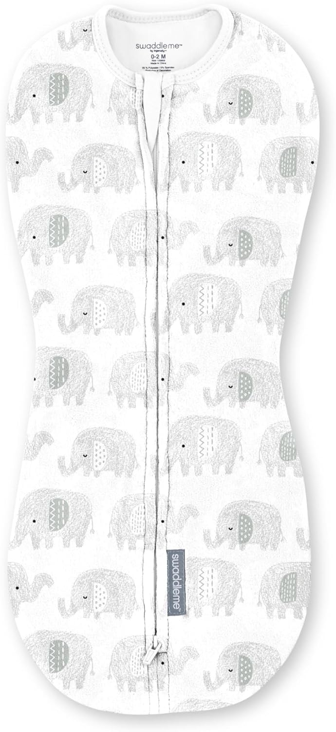 SwaddleMe by Ingenuity Compression Baby Swaddle Pod, Two-Way Zipper for Easy Diaper Changes, Improves Sleep & Calms Startle Reflex, 0-2 Months, 1.0 TOG, 1-Pack – Scribble Elephant