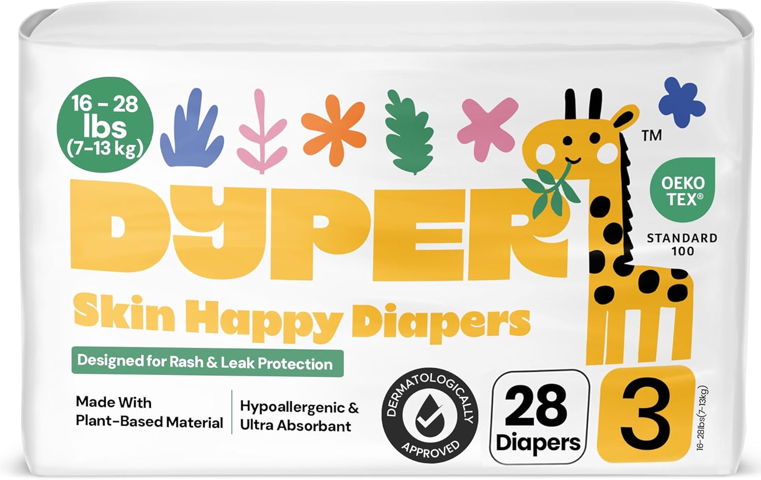 DYPER – Baby Diapers Size 3 (28 Count) – Plant Based Disposable Diapers for Day and Overnight Premium Leak Protection, Skin-Friendly Comfort with Soft Size 3 Diapers (16-28 lbs)