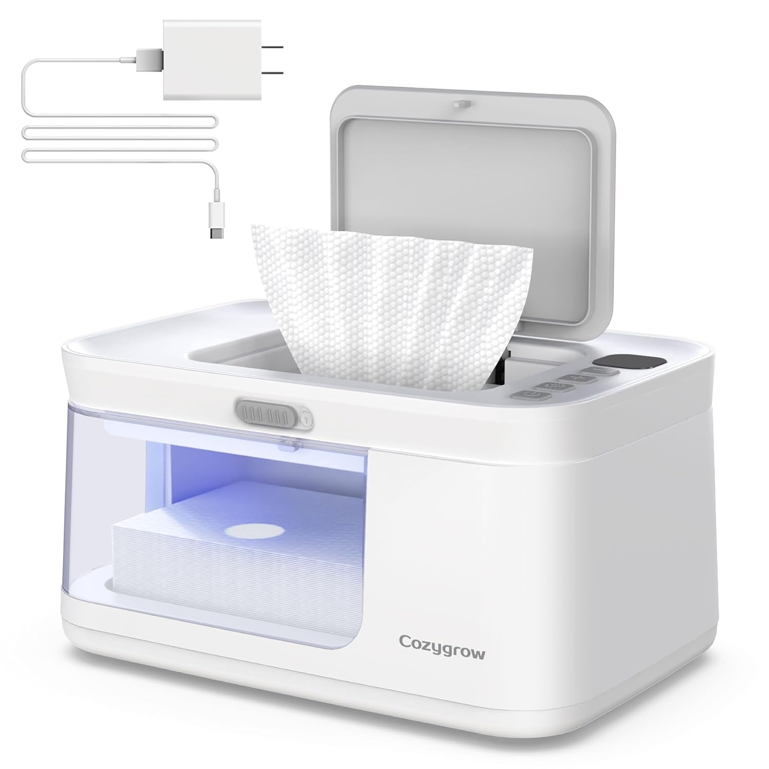 Baby Wipe Warmer with LED Light & Transparent Viewing Window, Adjustable 95℉-131℉, 1.5 Meter Plug Cord