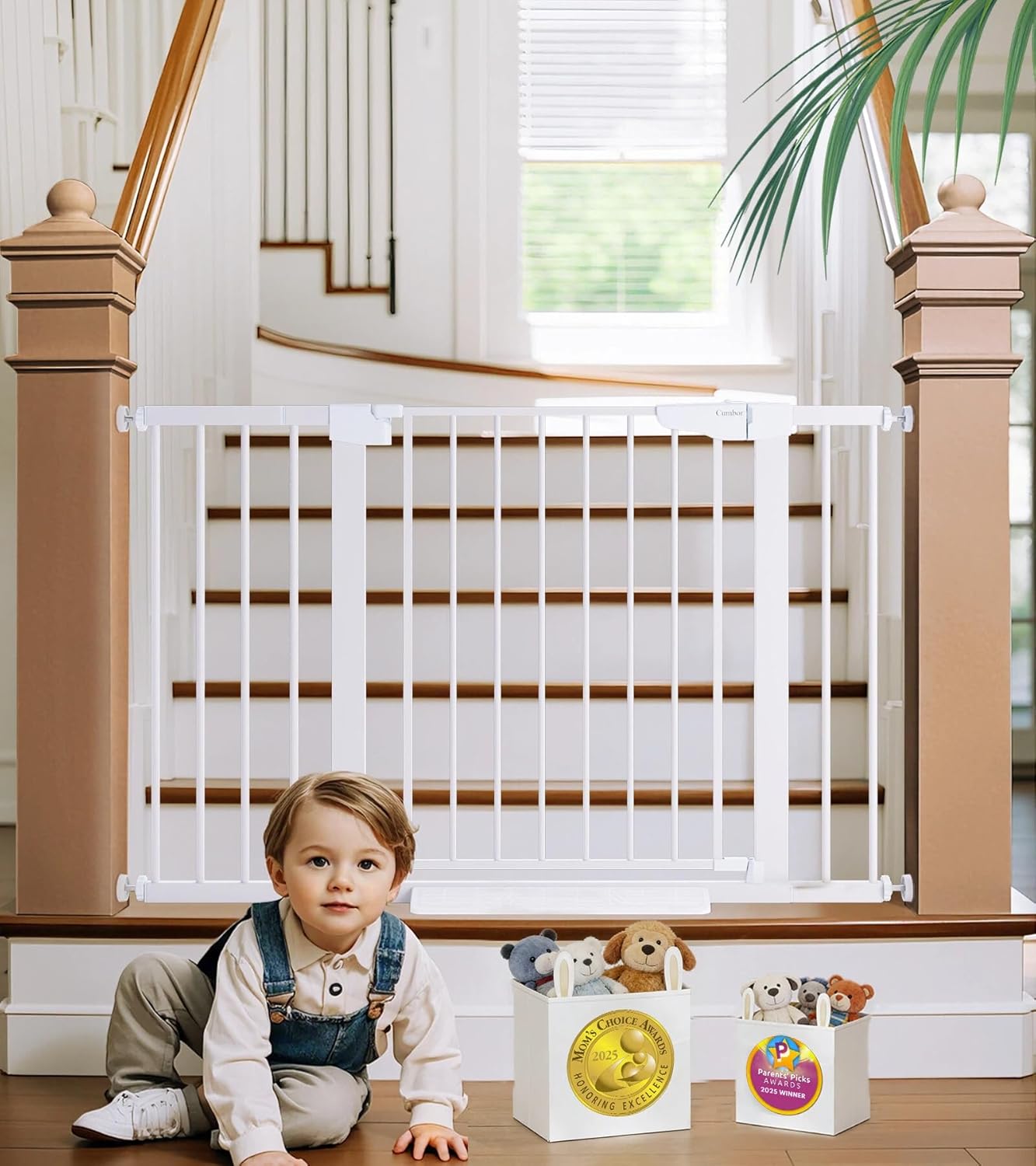 Cumbor 29.7-48″ Baby Gate for Stairs, Mom’s Choice Awards Winner-Dog Gates for Doorways, Auto Close Safety Pet Gate for Dogs Indoor, Easy Install Pressure Mounted Child Gate with Walk Thru Door, White