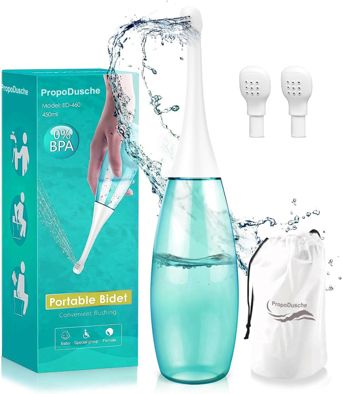 Portable Bidet Postpartum Peri Bottle – Large 450ml (15oz) Leak-Proof Upside-Down Travel Bidet with 2 Nozzles, Squeeze Douche Bottle for Women Hygiene, Perineal Recovery, Labor & Delivery Essentials