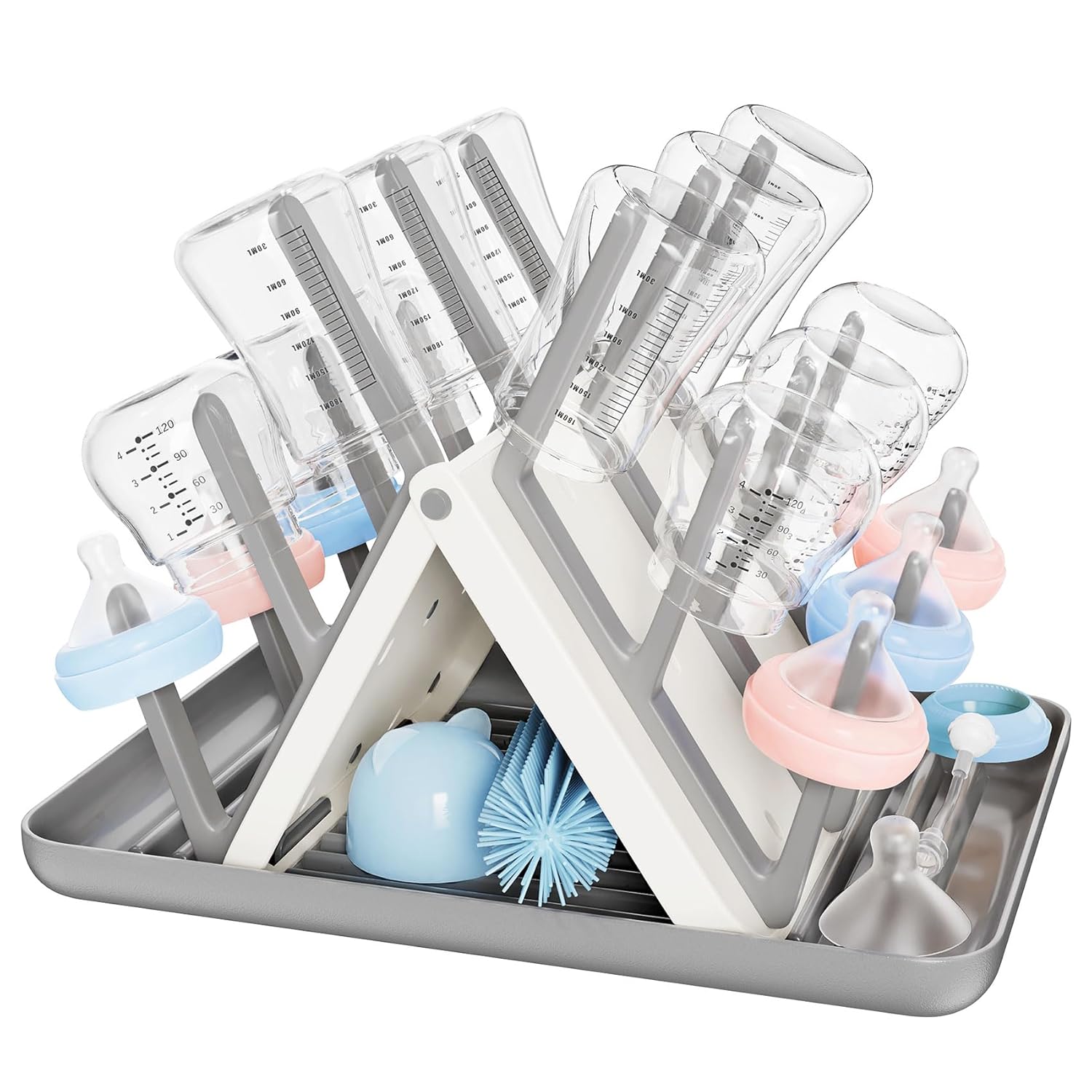 Large Baby Bottle Drying Rack, Space Saving 18 Hooks Slope Travel Bottle Dryer with Removable Drip Tray, Countertop Holder Organizer for Bottles & Baby Brushes Pacifiers and Pump Part-BPA Free