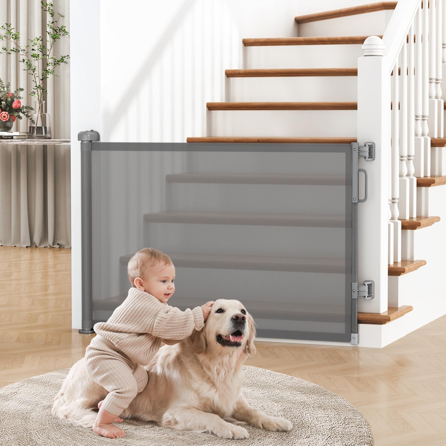 Retractable Baby Gate for Stairs, 55″ Wide Mesh Dog Gate Indoor, 34″ Tall Child Gate for Doorways, Hallways, Deck, Indoor Outdoor Pet Baby Safety Essentials for Home, Grey