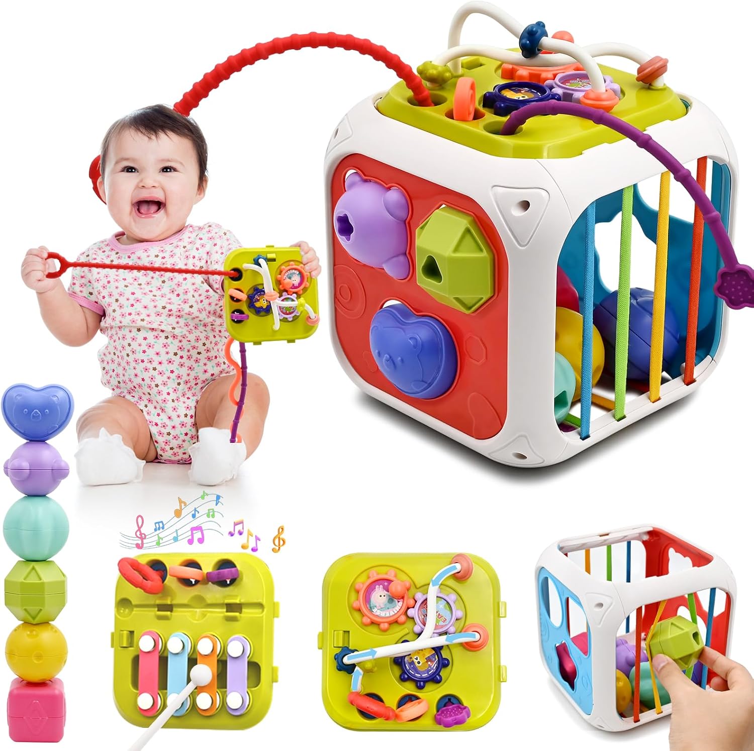 AiTuiTui Multifunction Baby Sensory Montessori Activity Cube Toys, Shape Sorter Early Learning Educational Interactive Toys for Infant Toddlers Boy Girl, Birthday Gifts Easter Basket Stuffers