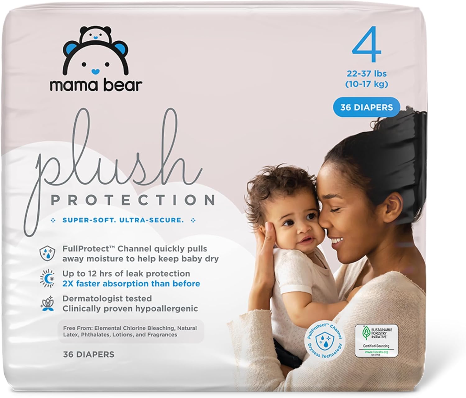 Amazon Brand – Mama Bear Plush Protection Disposable Baby Diapers, Hypoallergenic, Fragrance-Free, Leak Protection, Size 4, 36 Count, White and Cloud Dreams
