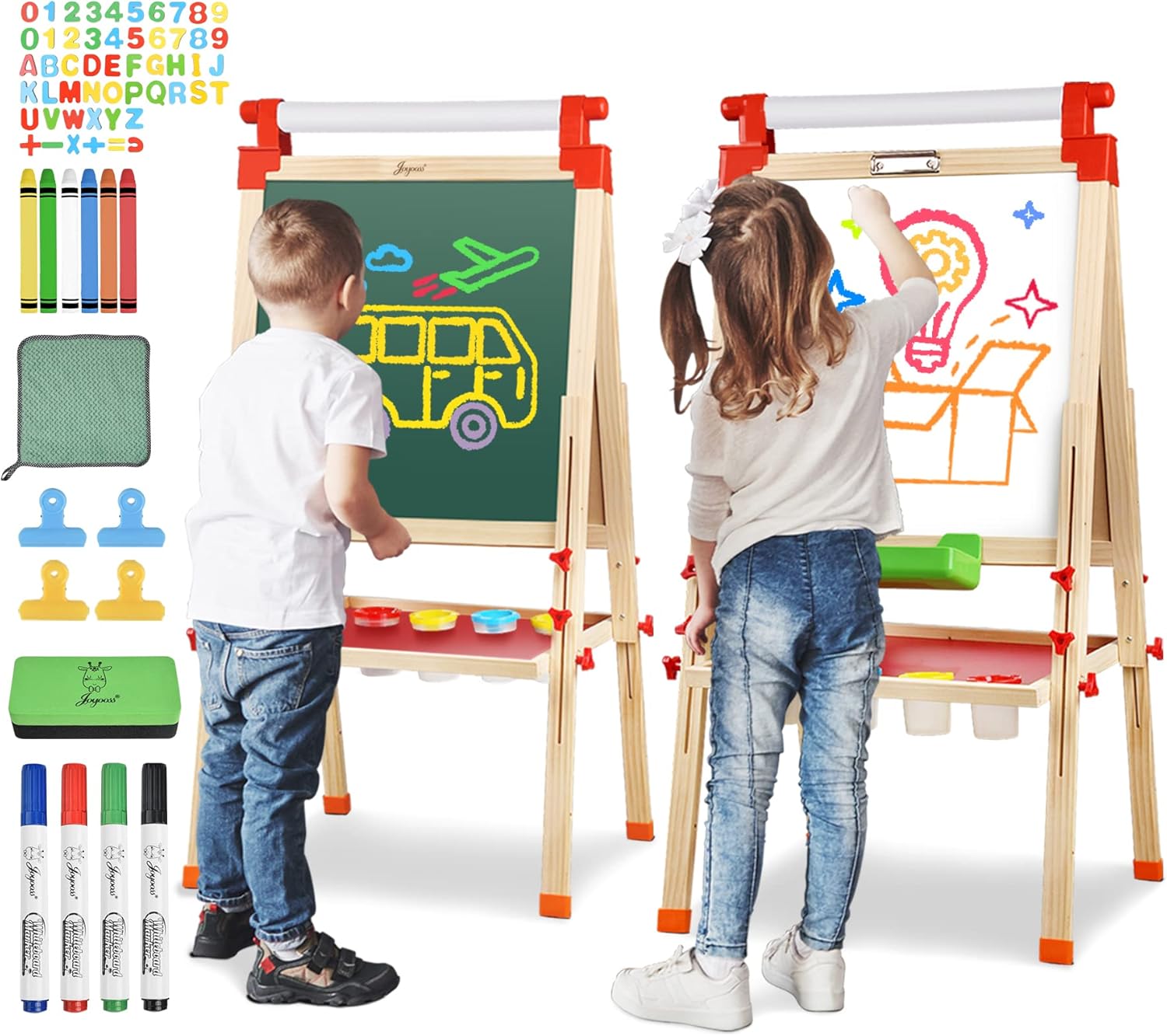 JOYOOSS Kids Wooden Easel with Paper Roll – Adjustable Magnetic Double Sided Drawing Board Whiteboard & Chalkboard Dry Easel Board,Children Art Easel for 3~12 Years Kids Boys Girls Painting Drawing