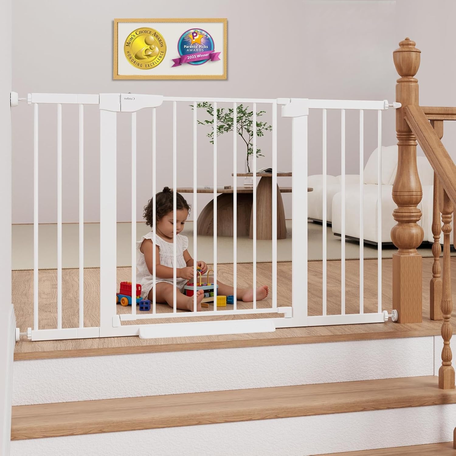 Cumbor 29.7–51.5″ Extra Wide Baby Gate for Stairs, Pressure-Mounted Dog Gates for Doorways & Hallways, Auto-Close Walk-Through, No-Trip Design, Child Proof Safety, Dog/Pet Gate for Indoor Use, White