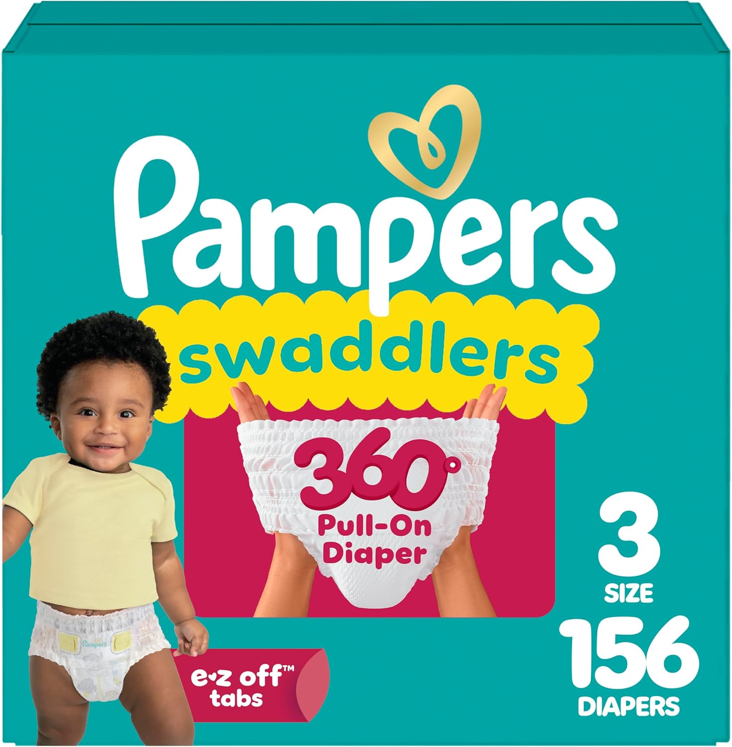 Pampers Diapers – Swaddlers 360° – Size 3, 156 Count, up to 100% Leakproof Comfy Dry Fit, Designed for Easy Changes, Pull On Baby Diaper (Packaging May Vary)