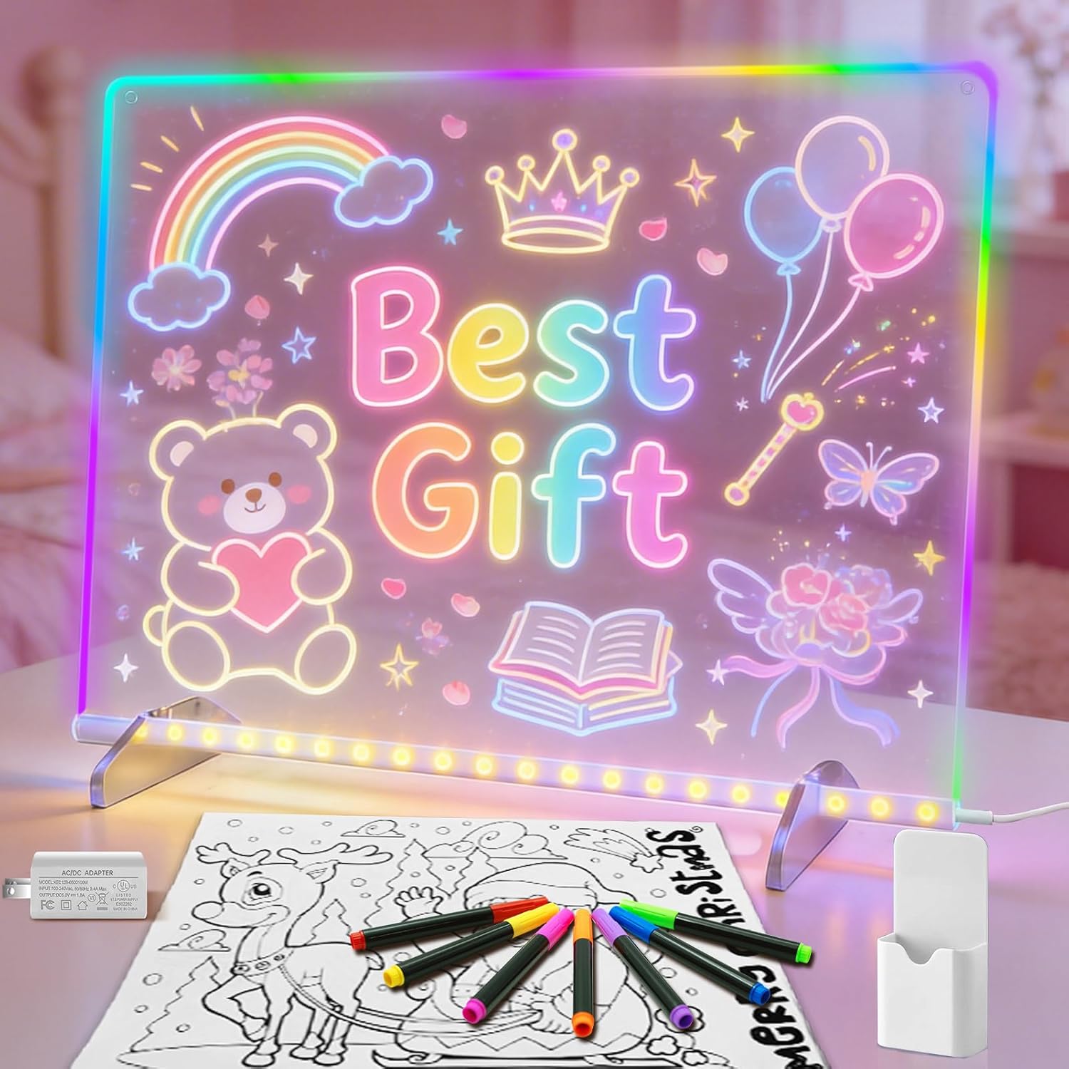 LED Note Board with 7 Colors, Includes Adapter, 13″x10″ Led Drawing Board for Kids, Light Up Dry Erase Boards with 7 Markers, Soft Cloth, Hanging Chain, Holiday Trend Gift