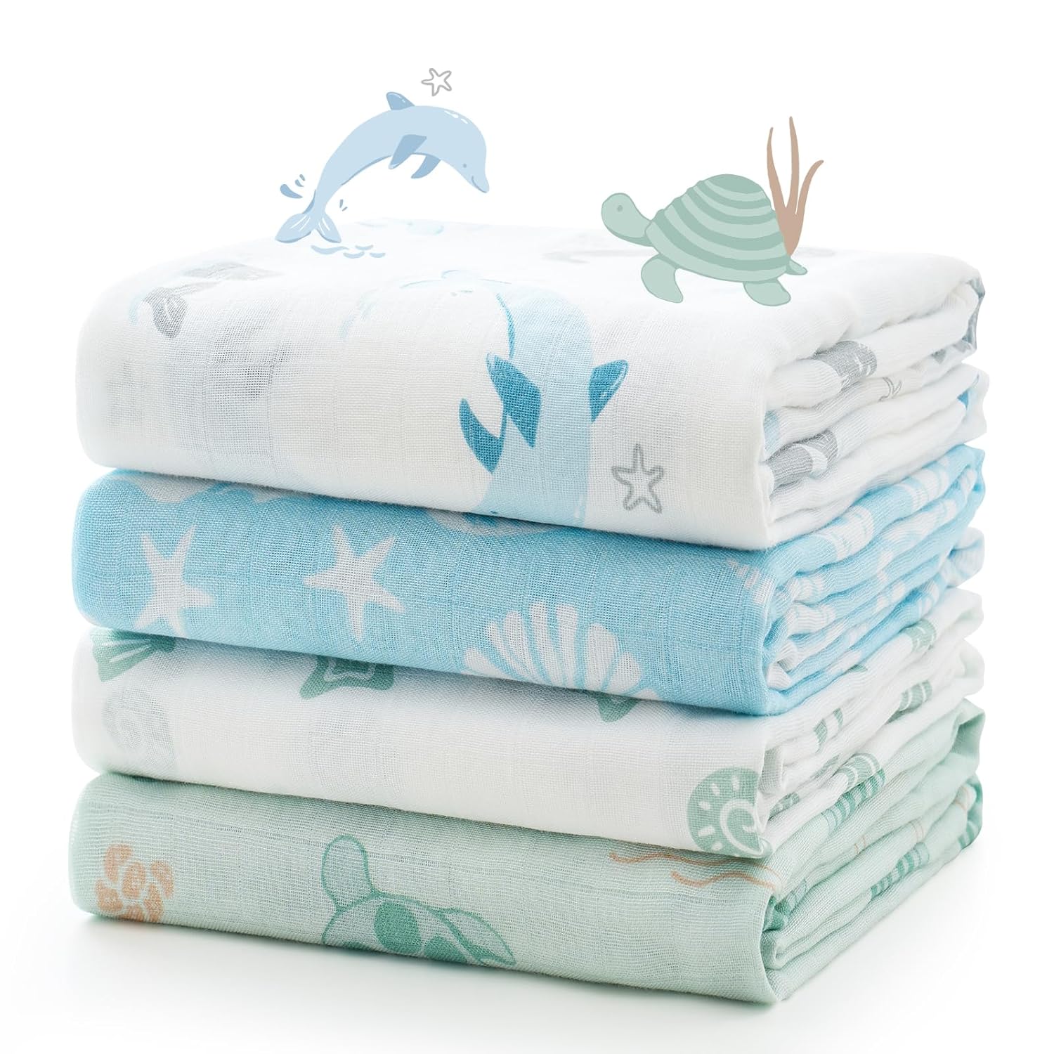 Momcozy Muslin Swaddle Blankets, 4-Pack Breathable and Skin-Friendly Receiving Blankets, Best Wishes Swaddle Blanket Shower Gifts & Baby Registry Essentials, Large 47″x47″, Ocean Pixie Dream