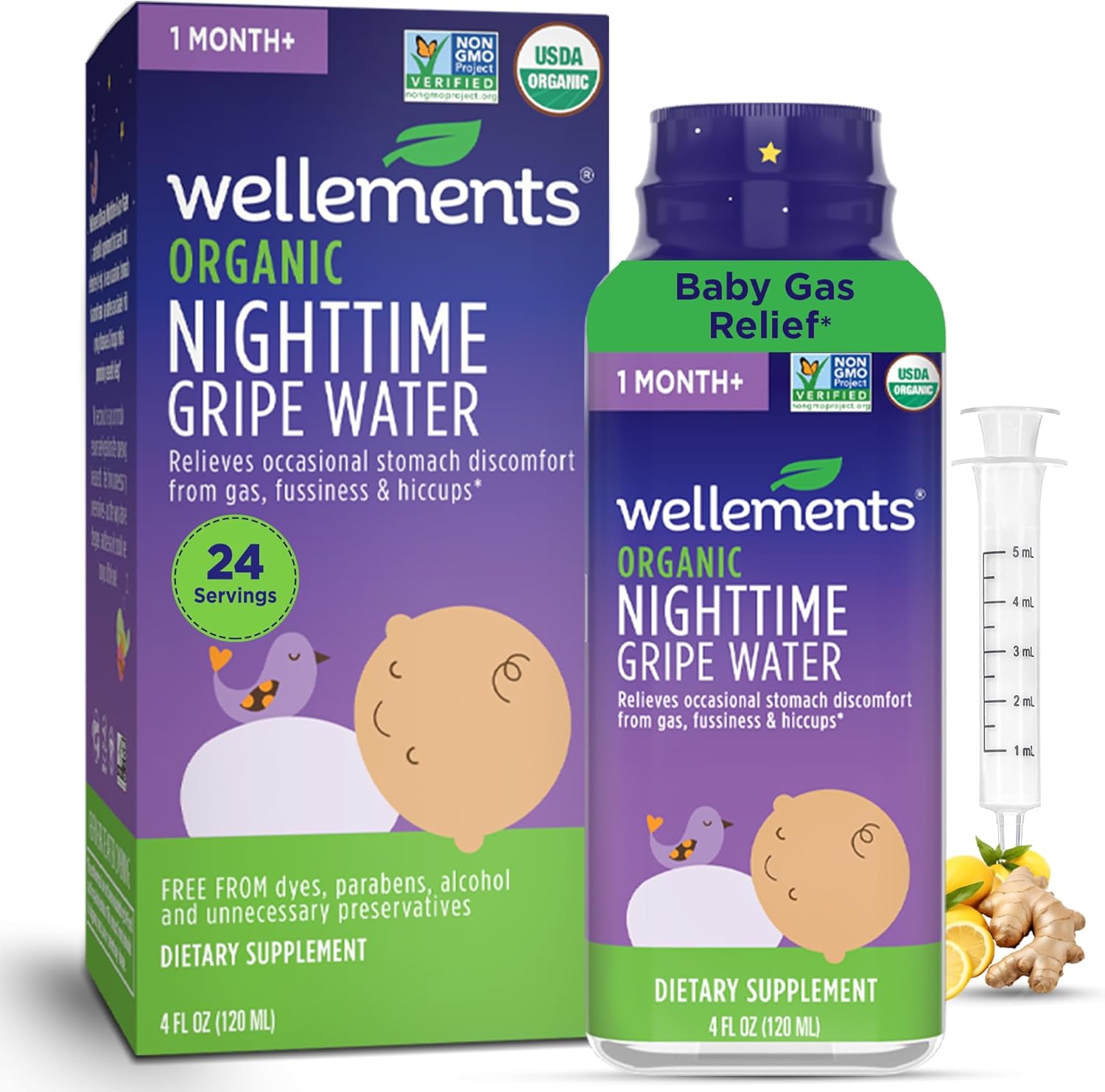 Wellements Organic Nighttime Gripe Water for Babies 1 Month+ (4 Fl Oz) – Baby Gripe Water for Bedtime Relief Gas, Colic & Fussiness – Herbs Promote a Peaceful Night’s Sleep – USDA Certified & Non GMO