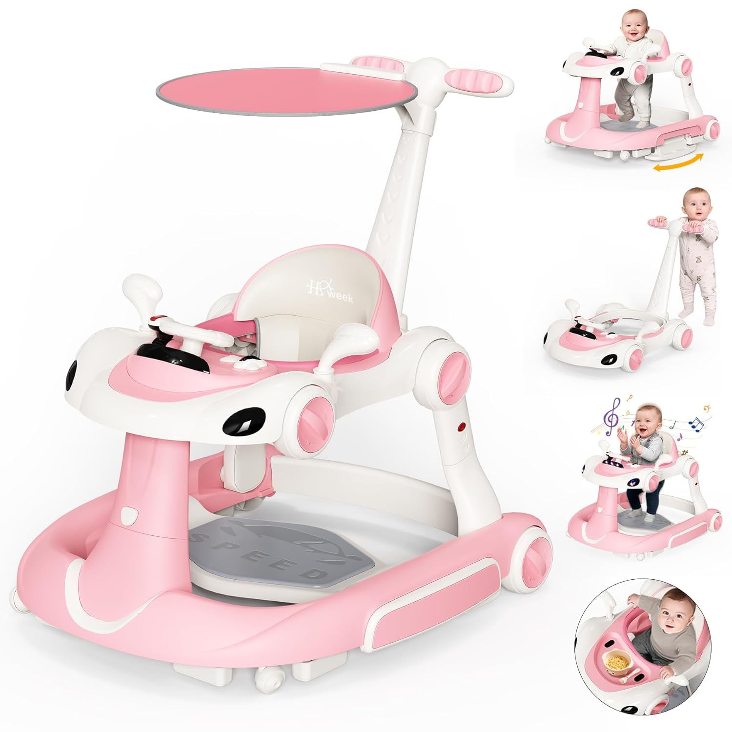 Baby Walker with Wheels, 7-in-1 Foldable Baby Walkers for Boys Girls 6-12 Months with Feeding Tray & Music, Lights,Rocker,Sun Canopy, Bouncing Pedal, Adjustable Wheel Speed, Push Walker (Pink)