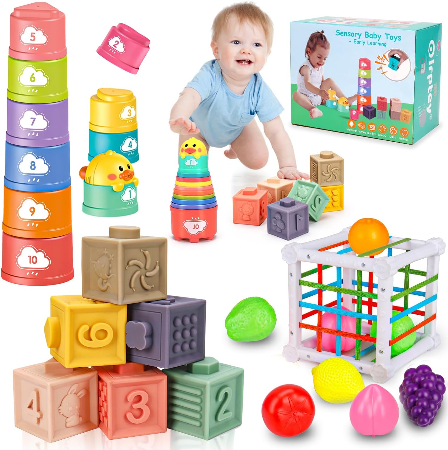 Montessori Baby Toys 6-12-18 Month, Infant Teething Toys Shape Sorter Bin Stacking Cups Blocks for toddlers 1-3, Sensory Educational Learning Toy for 6 7 8 9 10 Month Old Girl Boy 1 2 Year Old Gifts