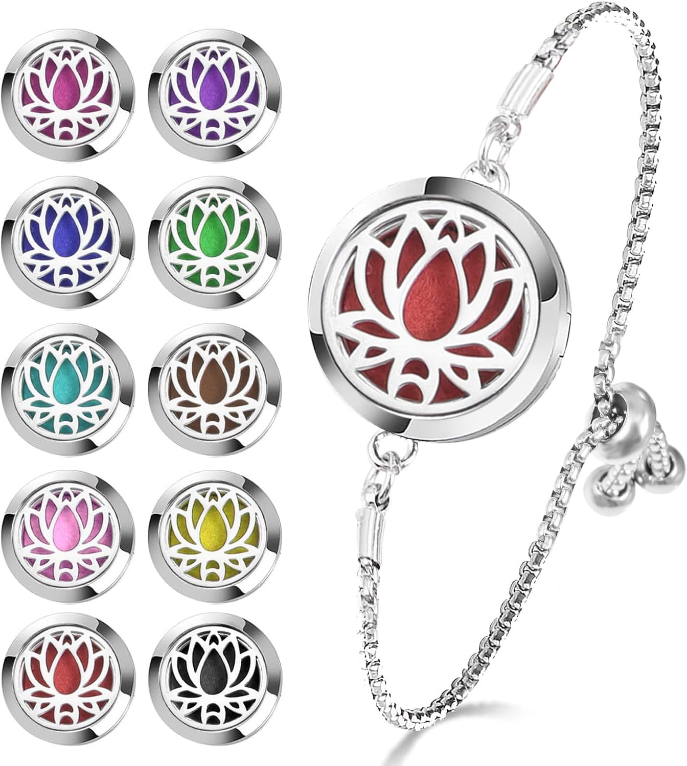 Essential Oil Diffuser Bracelet Aromatherapy Locket Adjustable Stainless Steel Lotus Bracelet with 10 Pcs Refill Pads for Women Girls
