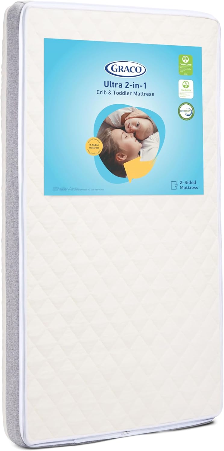 Graco Ultra 2-in-1 Premium Dual Sided Crib & Toddler Mattress – GREENGUARD Gold, CertiPUR-US Certified Foam, Machine Washable Cover with 100% Waterproof Surface, Fits Standard Crib & Toddler Beds