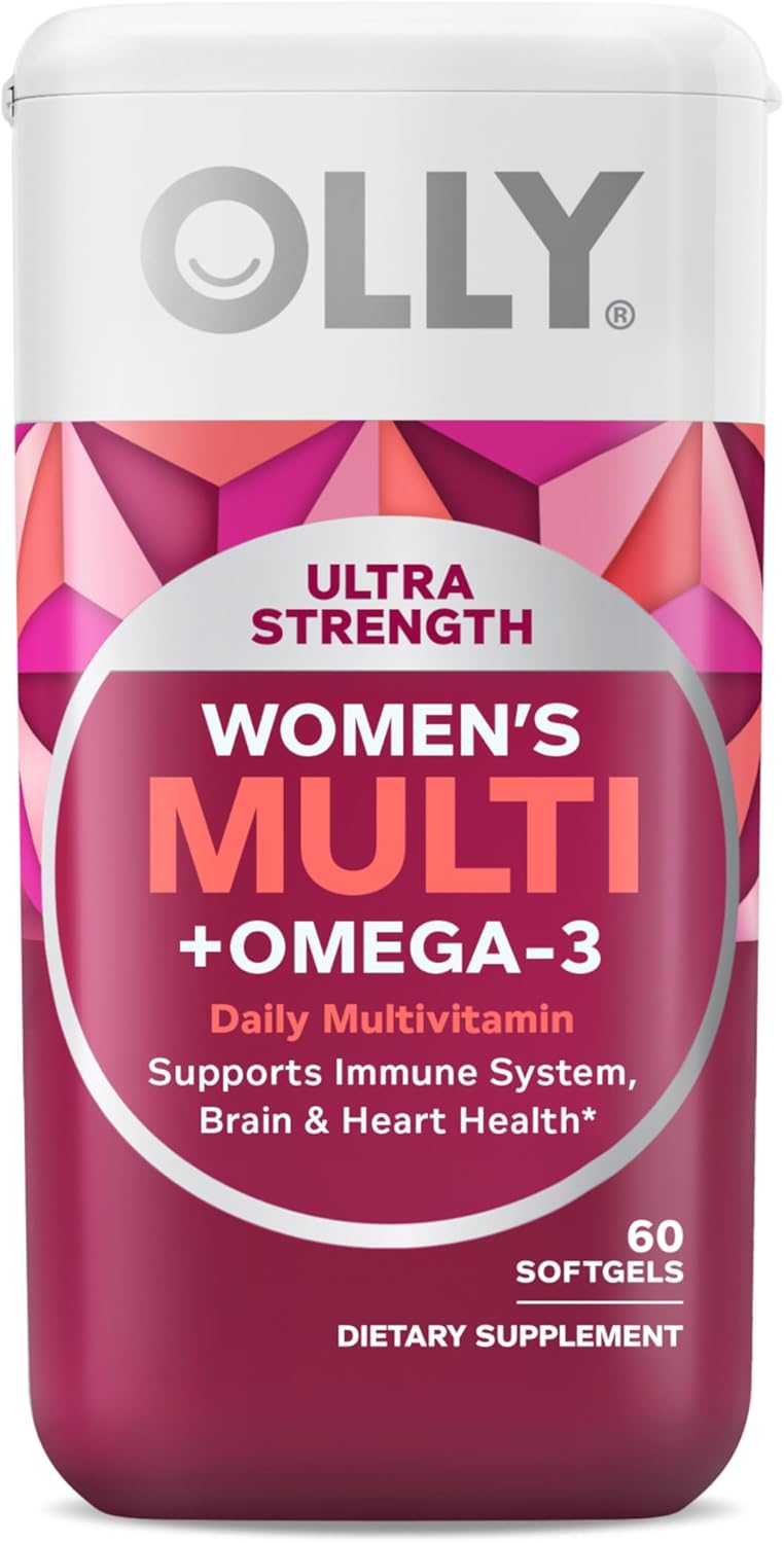 OLLY Ultra Strength Women’s Multi Softgels, Overall Health and Immune Support, Omega-3s, Iron, Vitamins A, D, C, E, B12, Daily Multivitamin, 30 Day Supply – 60 Count