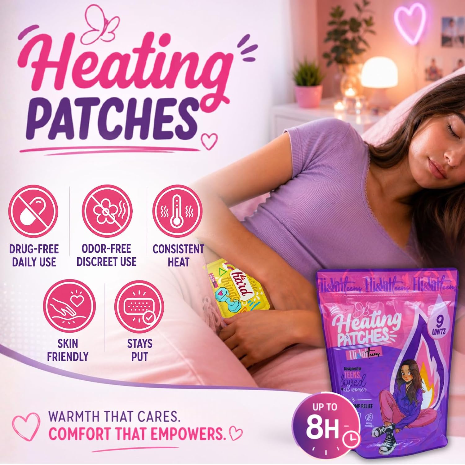 ELI&VAL Heating Patches for Period & Menstrual Cramps (9 Count) – Disposable Stick-On Heat Pads for Teens, Tweens & Women – Portable Period Kit Essentials – Natural, Ultra-Thin, Up to 8 Hours