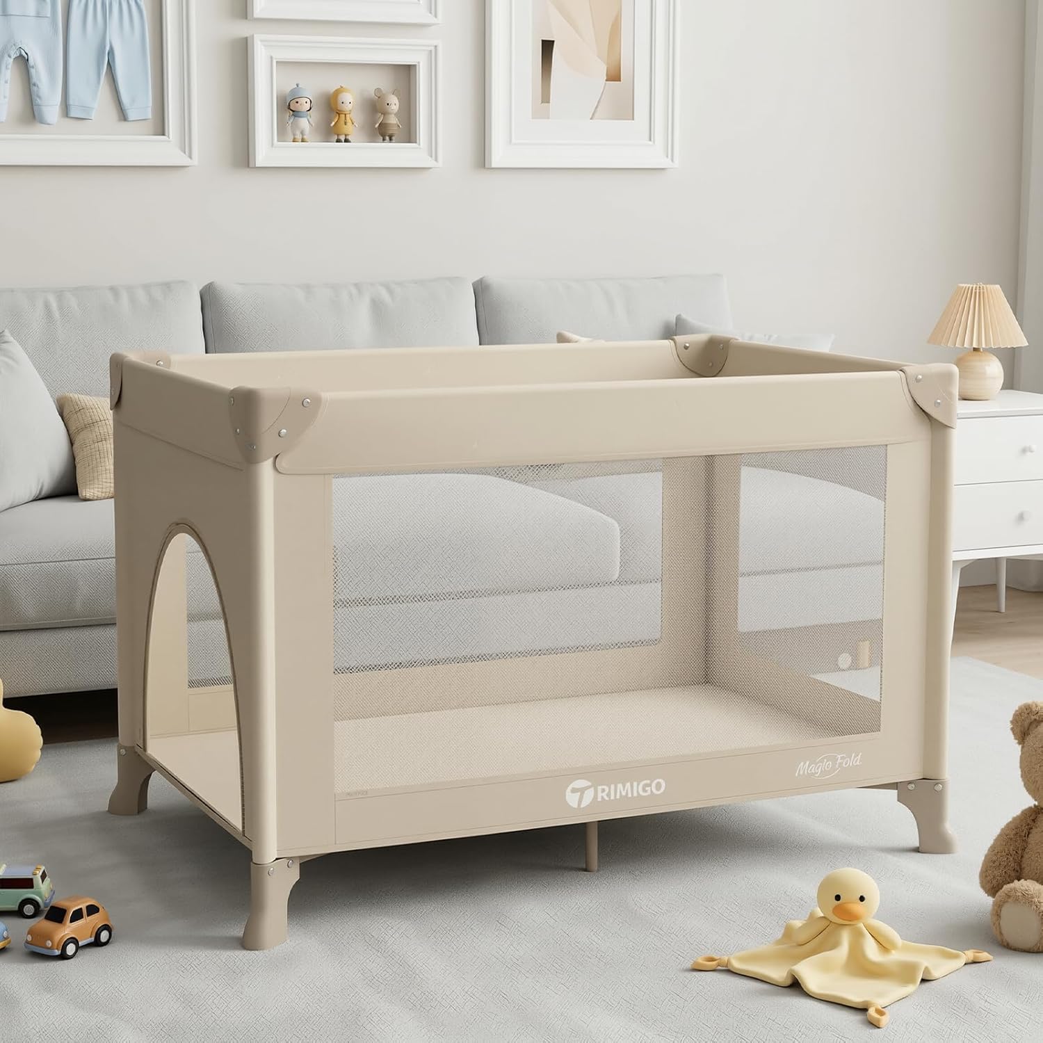 Portable Travel Crib & Playpen – Baby Safe Folding Travel Bed w/Mattress, Breathable Mesh | Compact Lightweight Baby Bed | Pack and Play for Babies & Toddlers (Khaki)