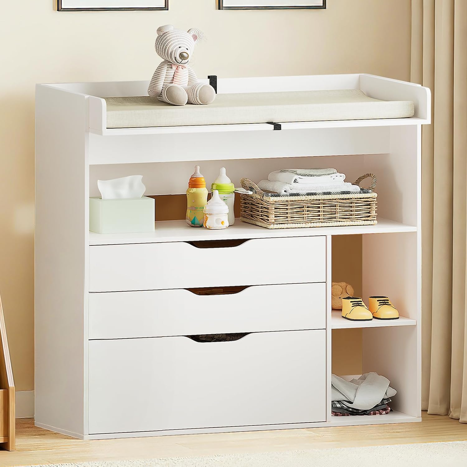 Baby Changing Table Dresser with 3 Drawers and 3 Storage Shelves, Can be Used as a Baby Dresser with Changing Table Top, a Baby Changing Station, a Wood Diaper Changing Station (White)