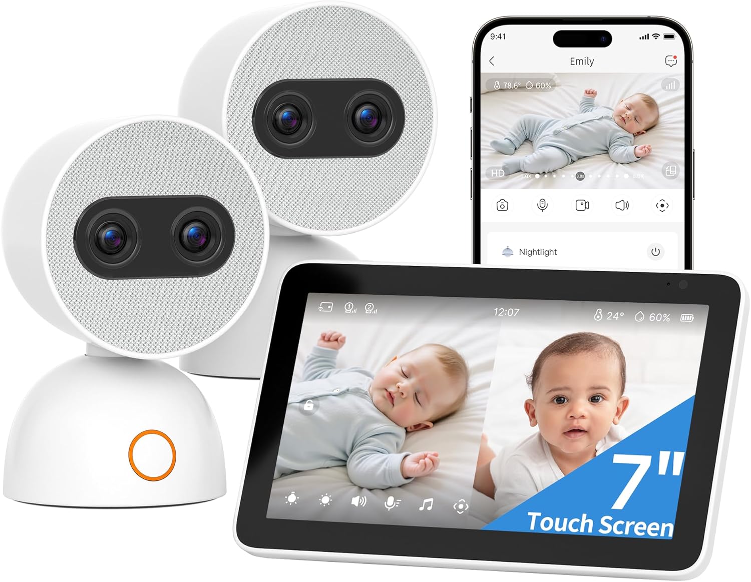 Simsky Baby Monitor with 2 Cameras, 7″ UHD Split-Screen Touch Display | 4MP Dual Cameras with Wall Mount, 6X Zoom | AI Detection, App Remote Access, 32GB Local Storage, Hack-Proof Encryption