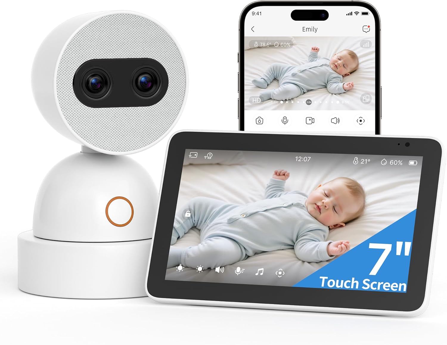 Simsky 7″ UHD Touch Screen Baby Audio Monitor, Dual 4MP Cameras with Wall Mount, 6X Zoom & 32GB Local Storage, AI-Powered Cry Detection, Smart Tracking & Free Remote App Access