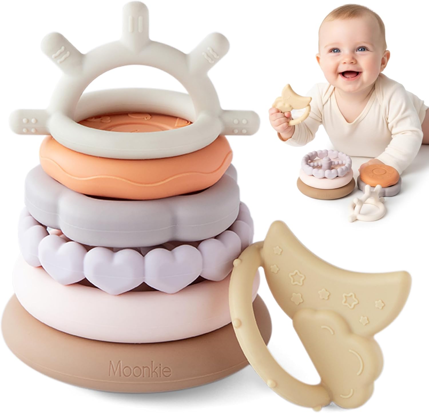 Moonkie Stacks of Circles Soft Teething Toy | Educational Learning Baby Toy | Stacking Ring Toys for Babies Boy and Girl | 7 Piece Teethers Set (Nature)