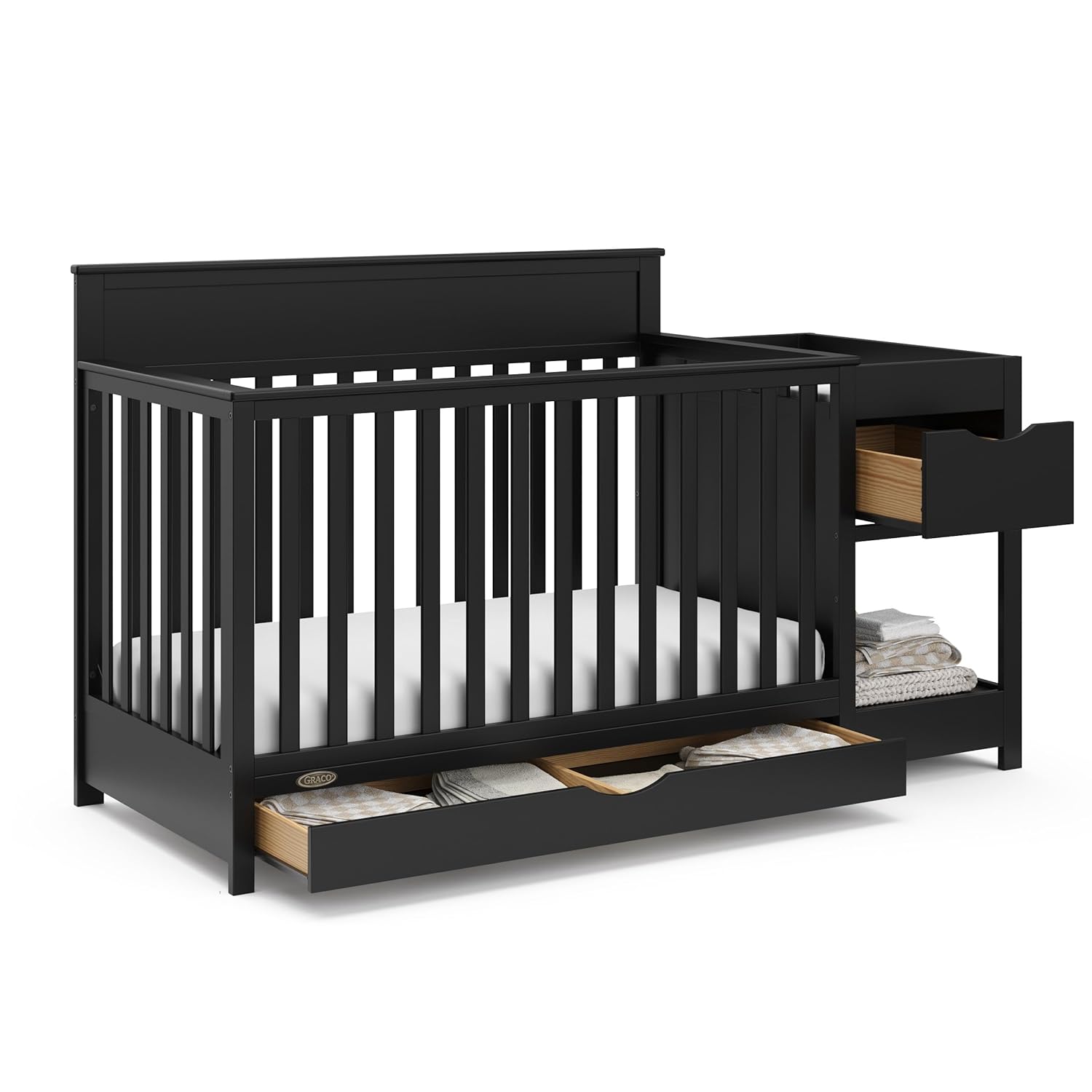 Graco Shiloh 5-in-1 Convertible Crib & Changer with Drawer – GREENGUARD Gold Certified Baby Crib Crafted from Wood, Converts to Toddler Bed, Daybed, and Full-Size Bed (Black)