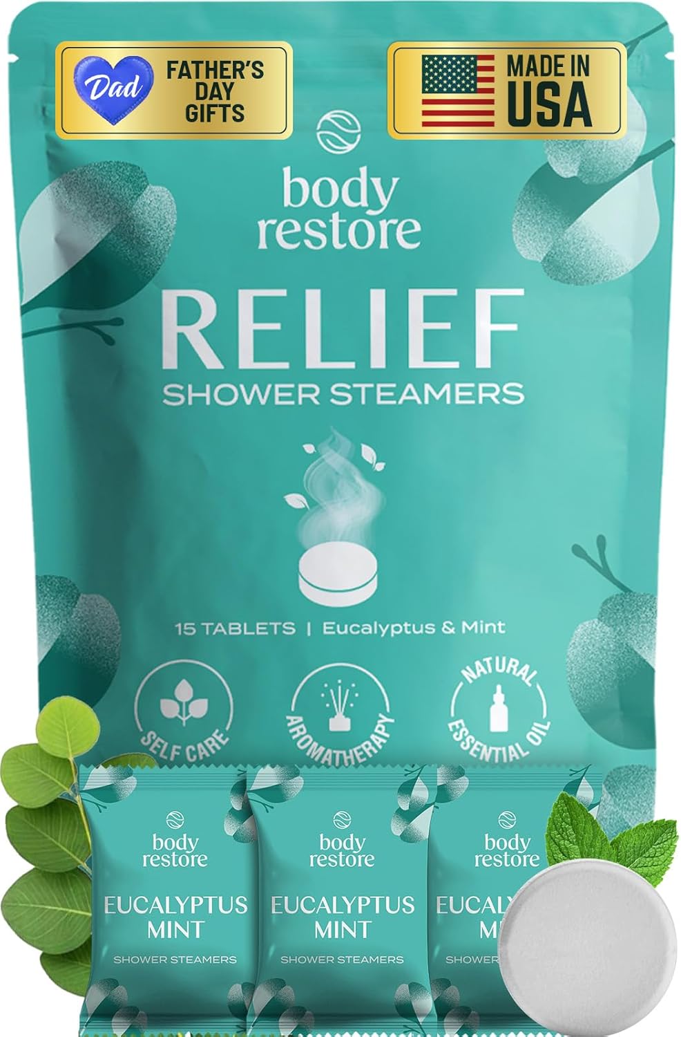 Body Restore Shower Steamers Aromatherapy 15 Pack – Fathers Day Gift for Dad, Luxury Spa Gifts for Men, Stress Relief & Relaxation Self Care – Premium Eucalyptus Essential Oil Tablets