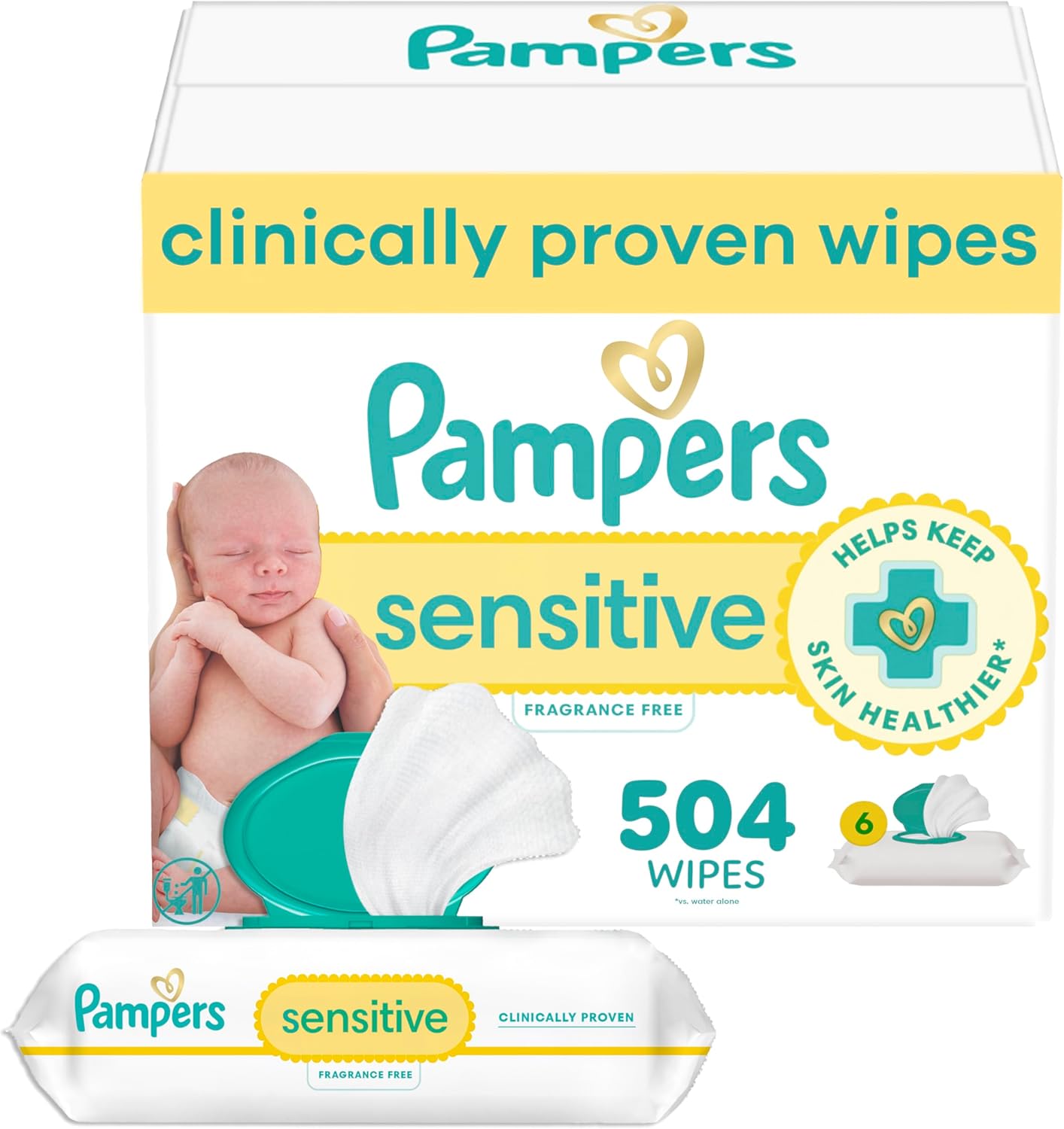 Pampers Sensitive Baby Wipes, Water Based, Clinically Proven, Hypoallergenic, and Unscented for Babies, 504 Wipes Total (6 Flip-Top Packs) [Packaging May Vary]