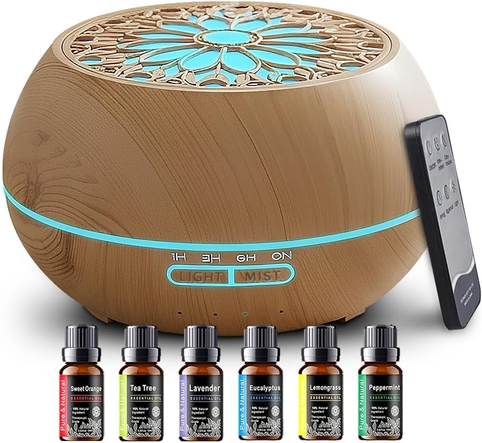 Diffuser with 6 Essential Oils for Large Room,550ml Aroma Diffusers with Remote Control for Home,Mini Humidifier with LED Night Lights for Office Yoga Room Decor Gift for Women Men(Light Wood Grain)