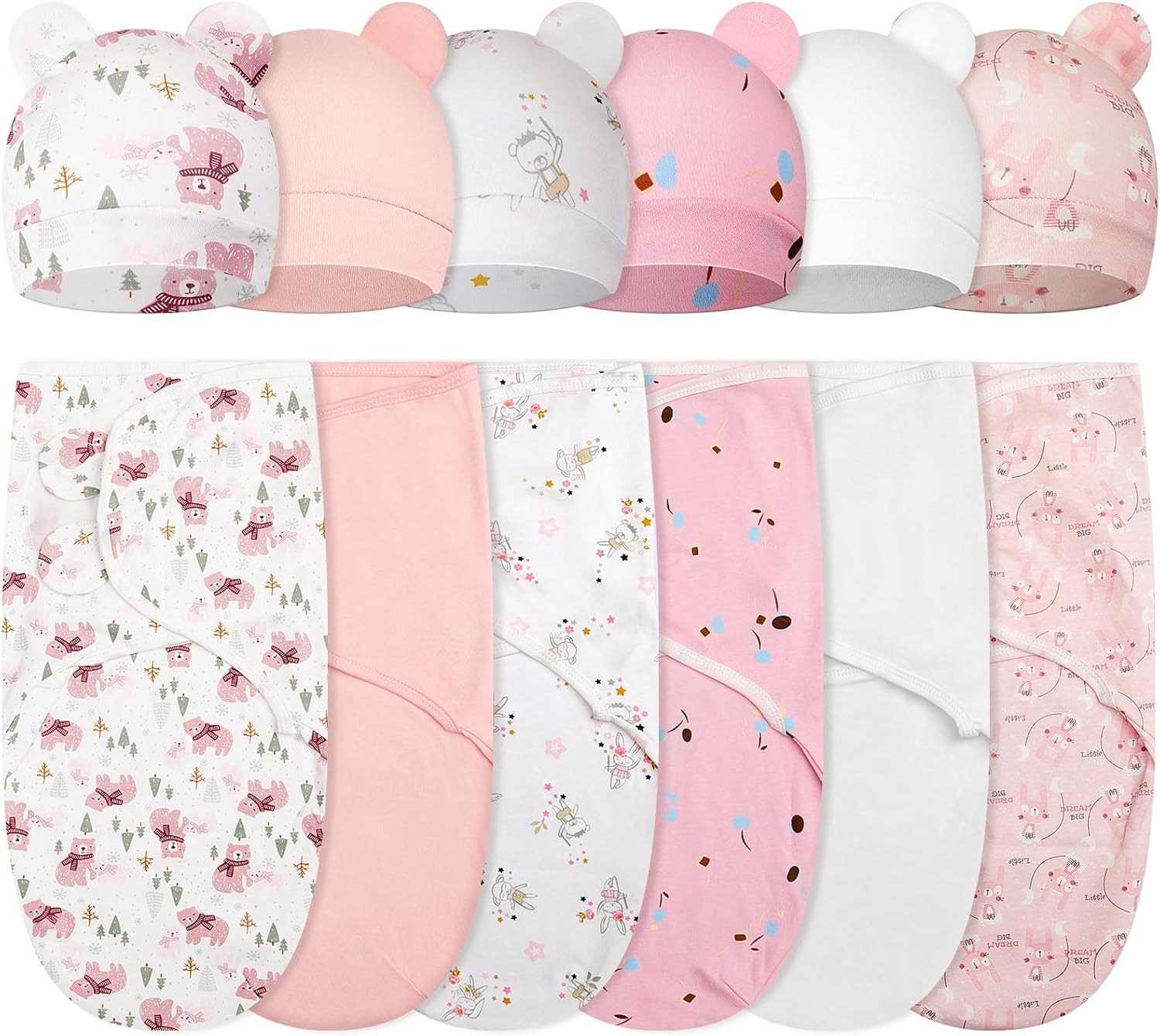 Ramede 6 Pack Swaddle Blanket with Hats for Baby Girl Boy 100% Cotton Swaddles 0-3 Months, Adjustable Breathable Skin Friendly Receiving Blanket Wrap, Essential for Newborns