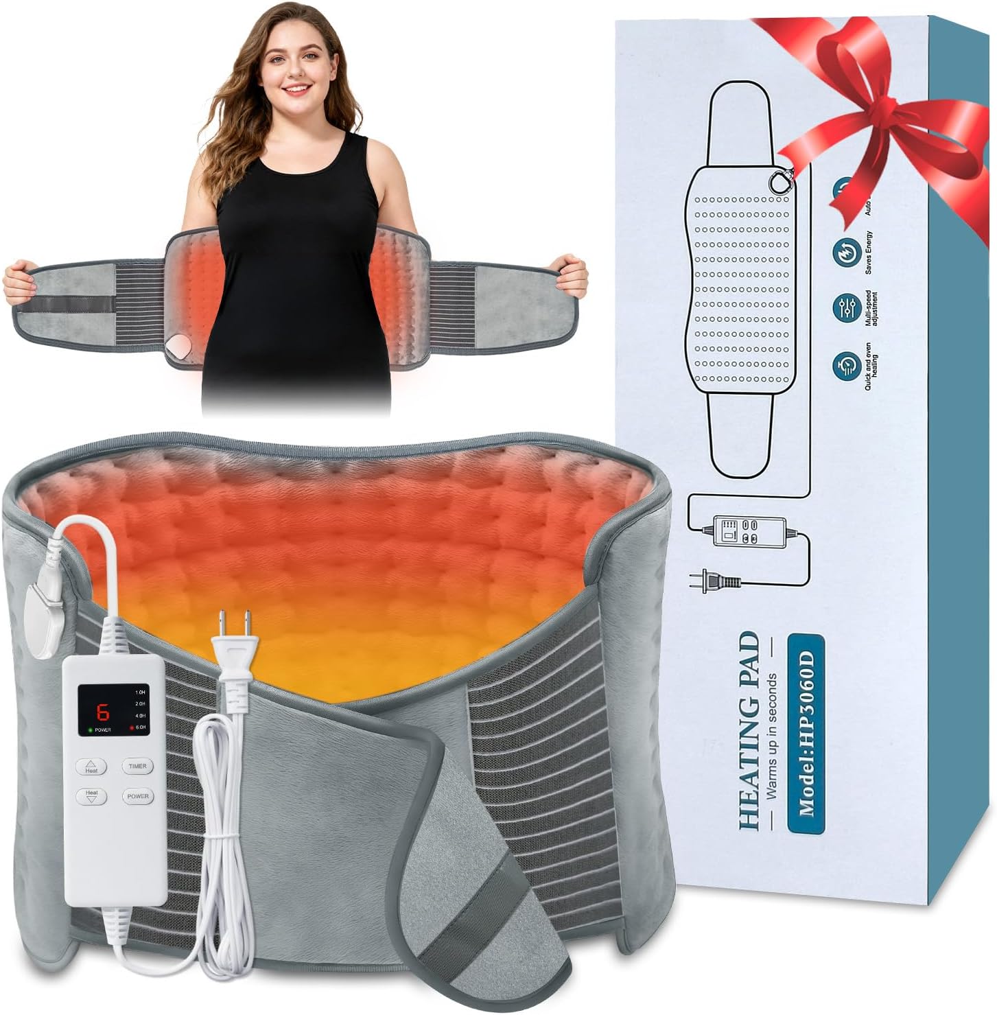 Heating Pad for Back Pain Relief, Extra-Large 12″x24″+26″ Extendable Electric Heating Pad for Period Cramps with Belt, Auto Shut Off, Machine Washable, Portable Moist Heating Pad for Women & Men
