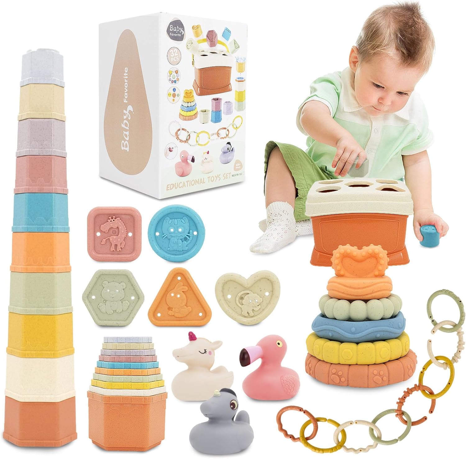 BYFWH Baby Shape Sorter Toy for Toddler 1-3, Toddler Stacking Toy with Nesting Cups, 5 in 1 Infant Learning Stackable Block for Sand & Bath Play, Birthday Gift for Girl Boy 9 Month