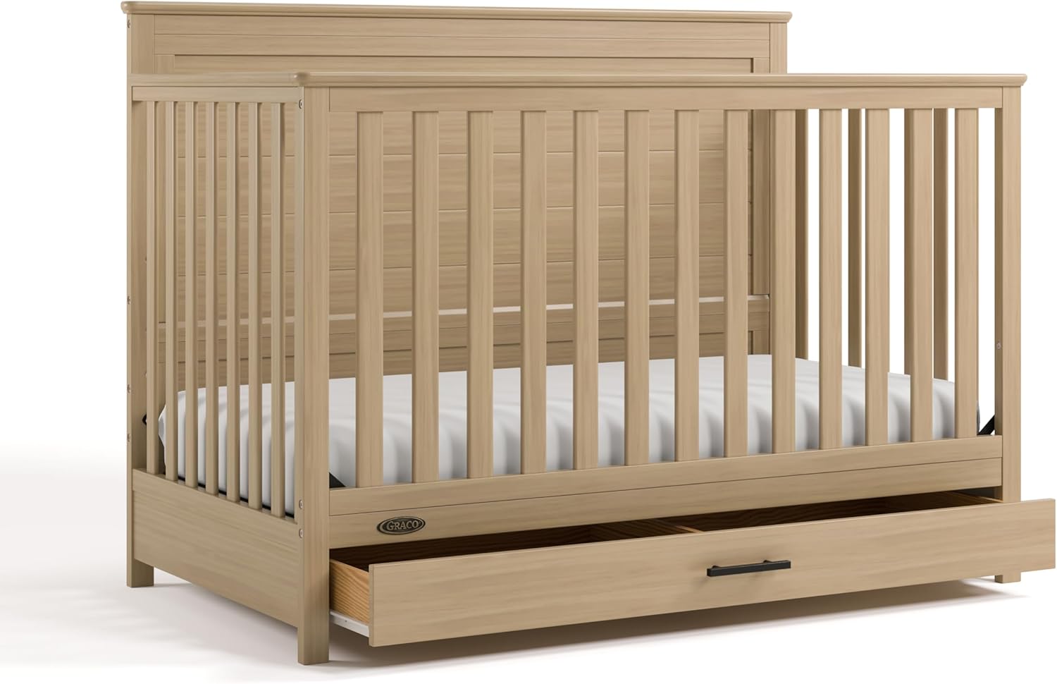 Graco Tristan 5-in-1 Convertible Crib with Drawer (Driftwood) – GREENGUARD Gold Certified, Fits Standard Crib Mattress, Premium Handle, Converts to Toddler Bed, Daybed, and Full-Size Bed