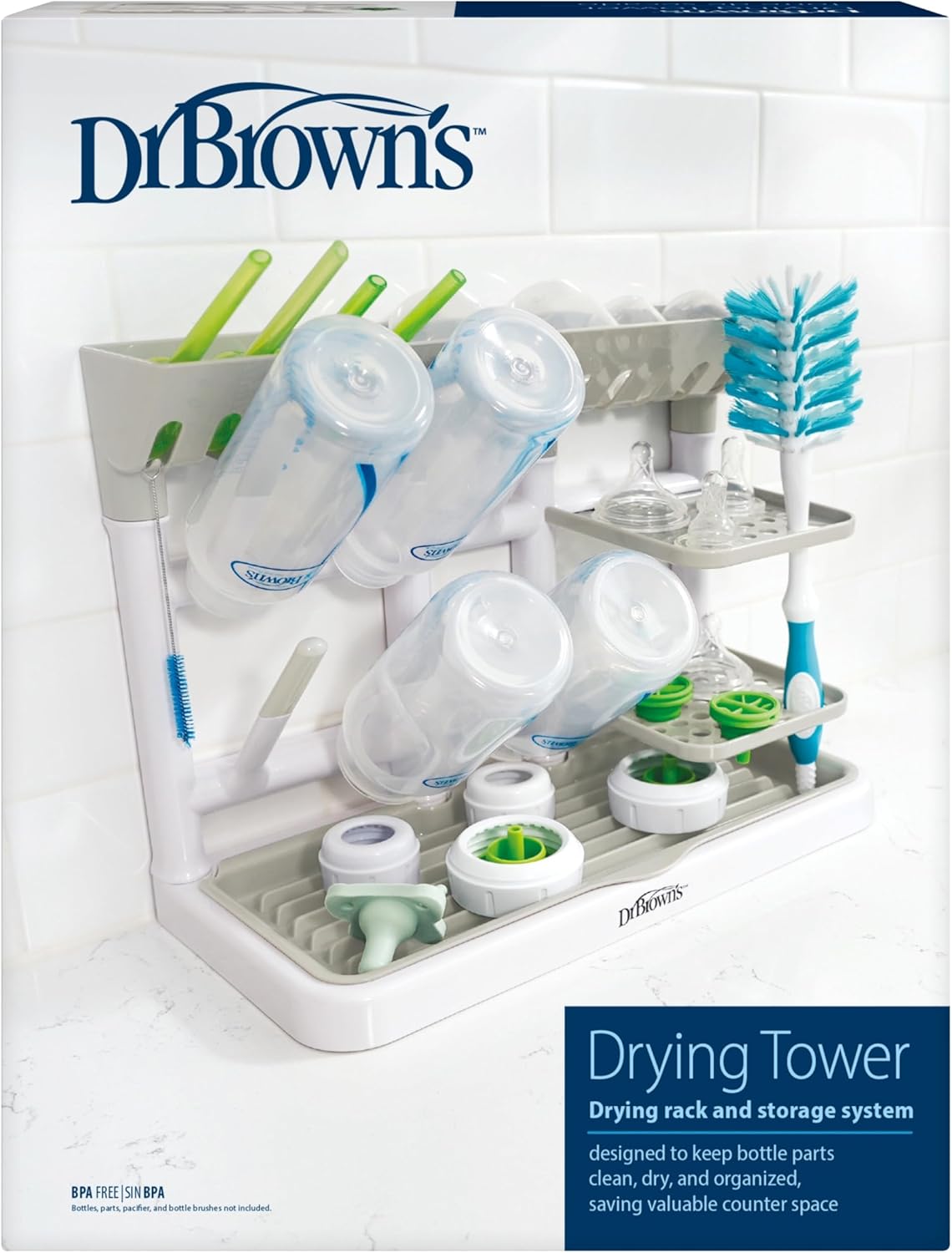 Dr. Brown’s Baby Bottle Drying Tower, Stand-Up Countertop Drying Rack with Organized Storage for Baby Essentials, Space Saving Vertical Rack, Gray/White