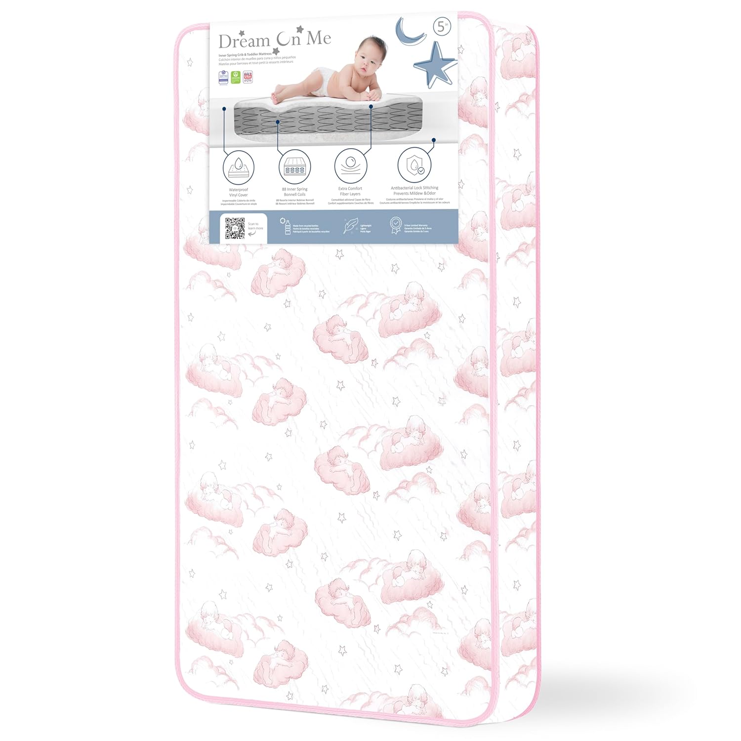 Dream On Me Twilight 80 Coil Spring Crib and Toddler Bed Mattress, Wave Pink, 5″