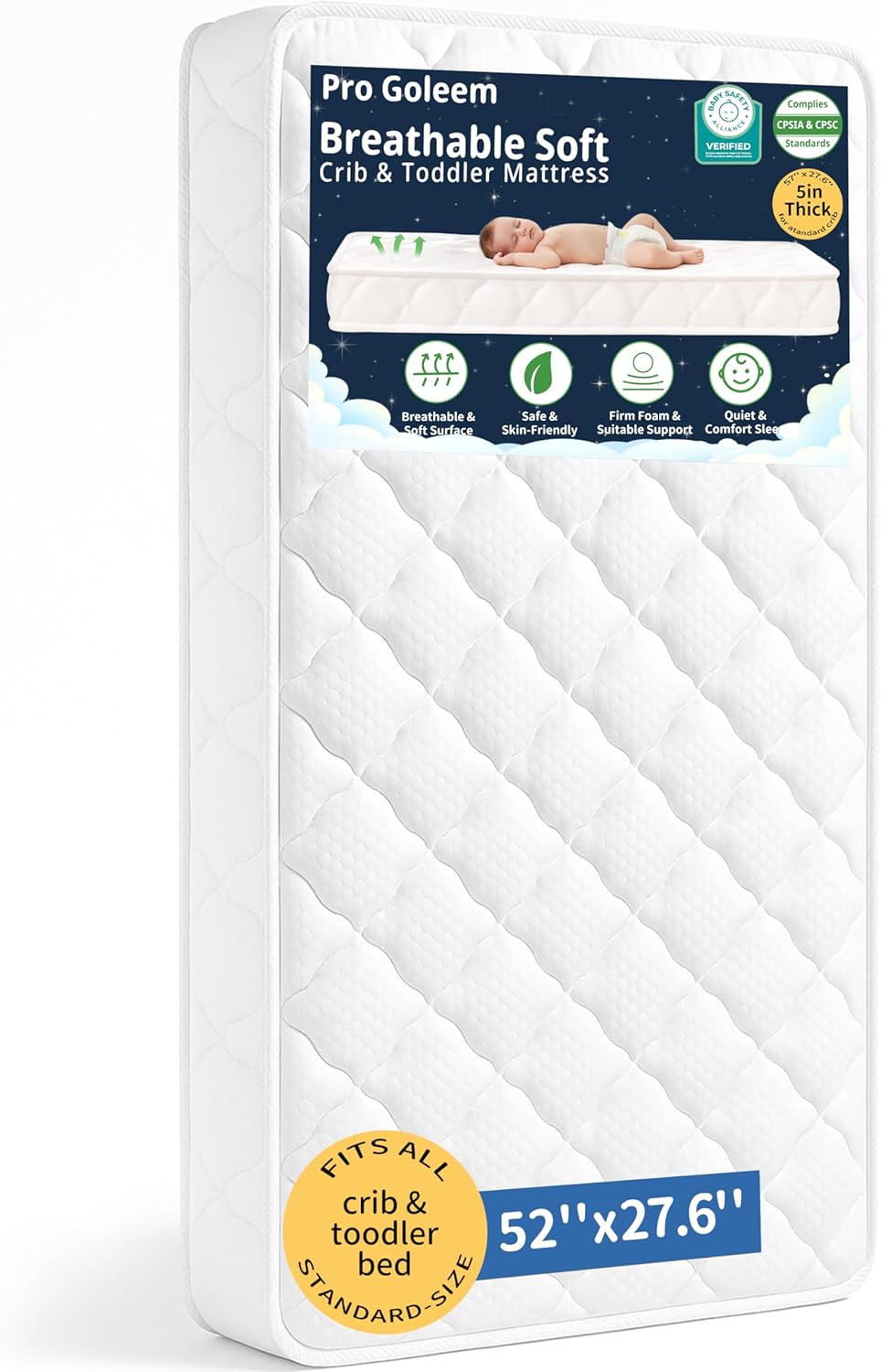 Pro Goleem Breathable Crib Mattress, 52”x28“ Dual-Sided Toddler Bed Mattress, 5″ Thick Firm Foam & JPMA Certified, Comfort Jacquard Topper, Fits Standard Full-Sized Baby Cribs & Toddler Beds