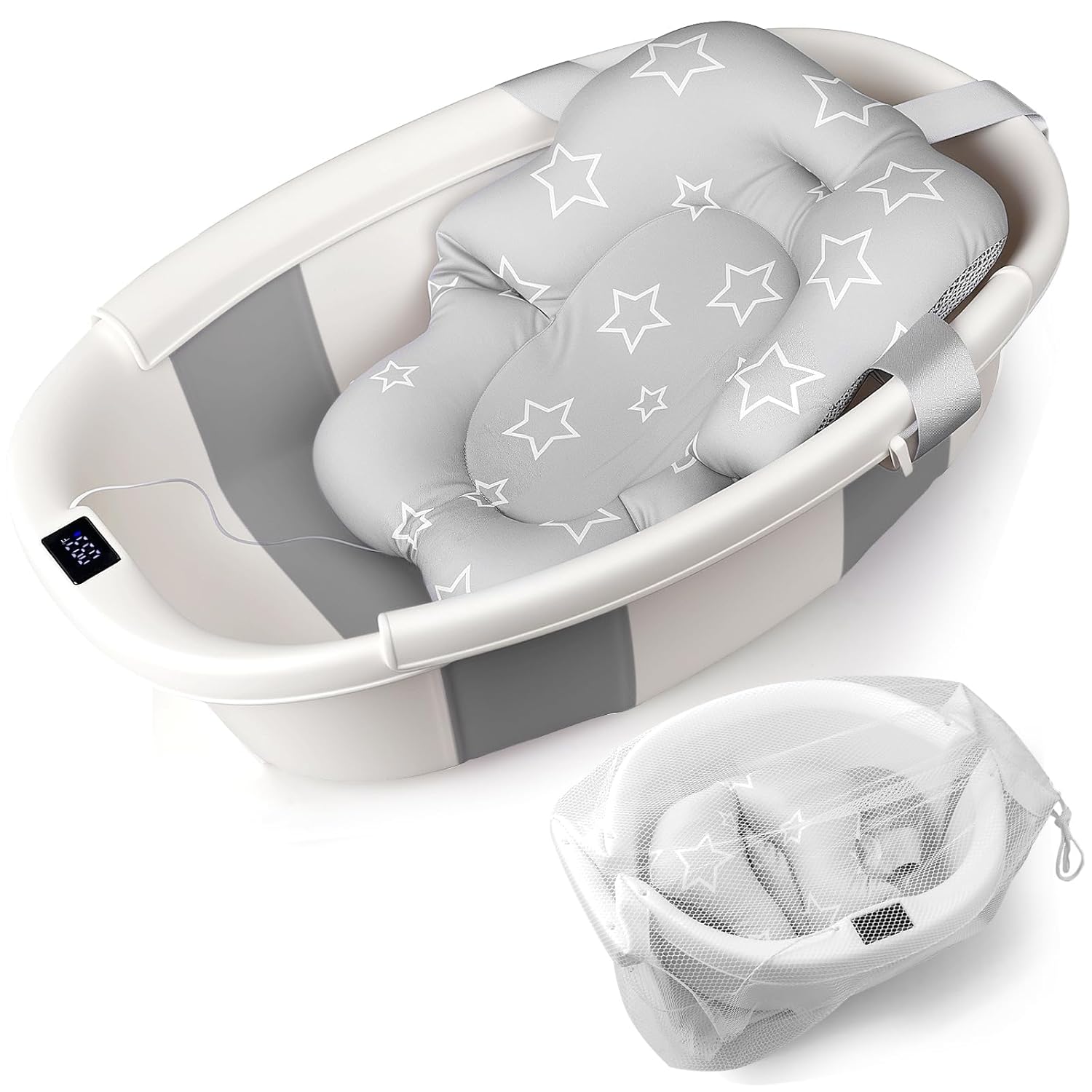 Baby Bathtub, Baby Bath Tub with Thermometer & Soft Cushion, Collapsible Infant Bathtub for Newborn to Toddler 0-36 Months, Quick Use & Portable for Travel(Grey)