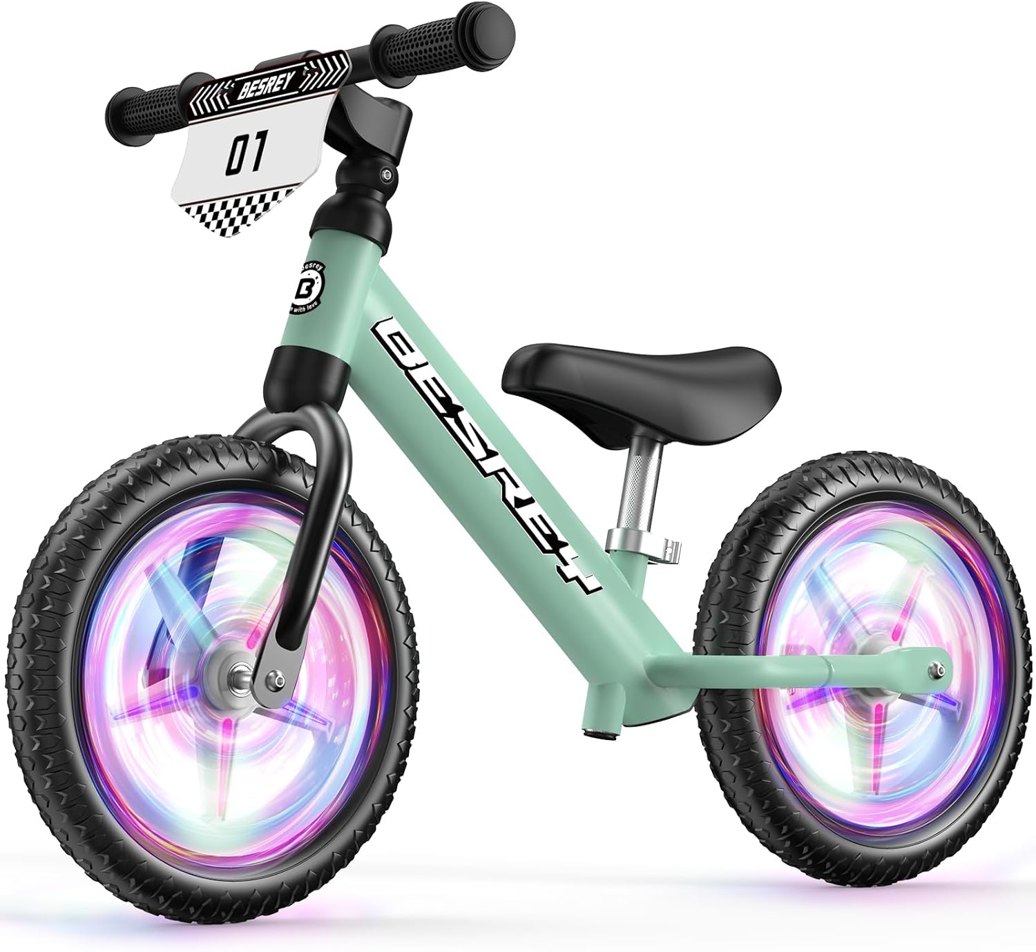 besrey Toddler Balance Bike 2 Year Old: All-Metal Frame & 12″ Self-Lighting Wheels, Kids Bike with Adjustable Seat, Custom Plate w/Bonus 4 Sets of Stickers, Gift Bike for Boys Girls 2 3 4 5 Years Old