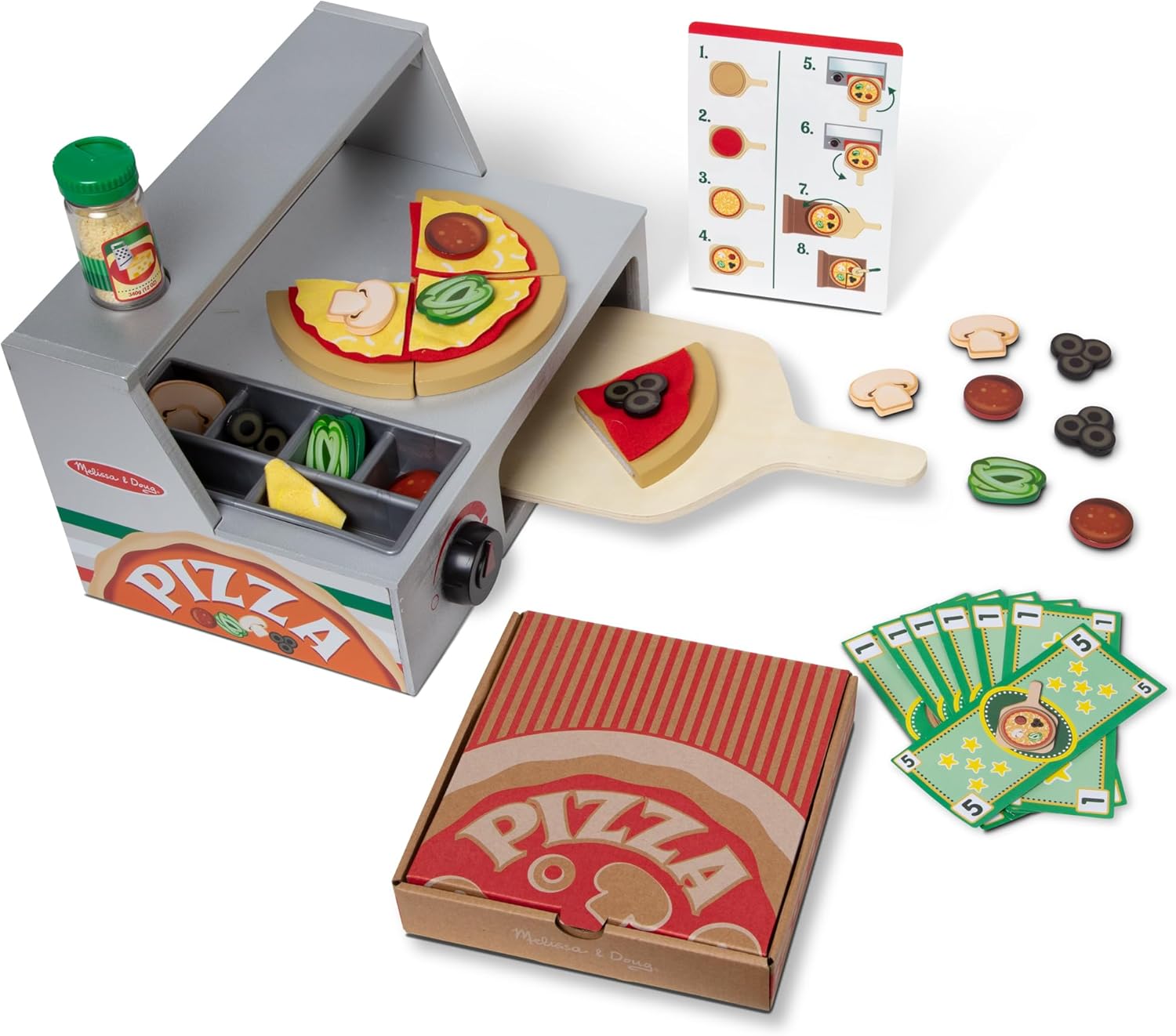 Melissa & Doug Top & Bake Wooden Pizza Counter, Kids Kitchen Playset with Play Food & Play Kitchen Accessories, Preschool Toys for Girls & Boys Ages 3+ – FSC Certified