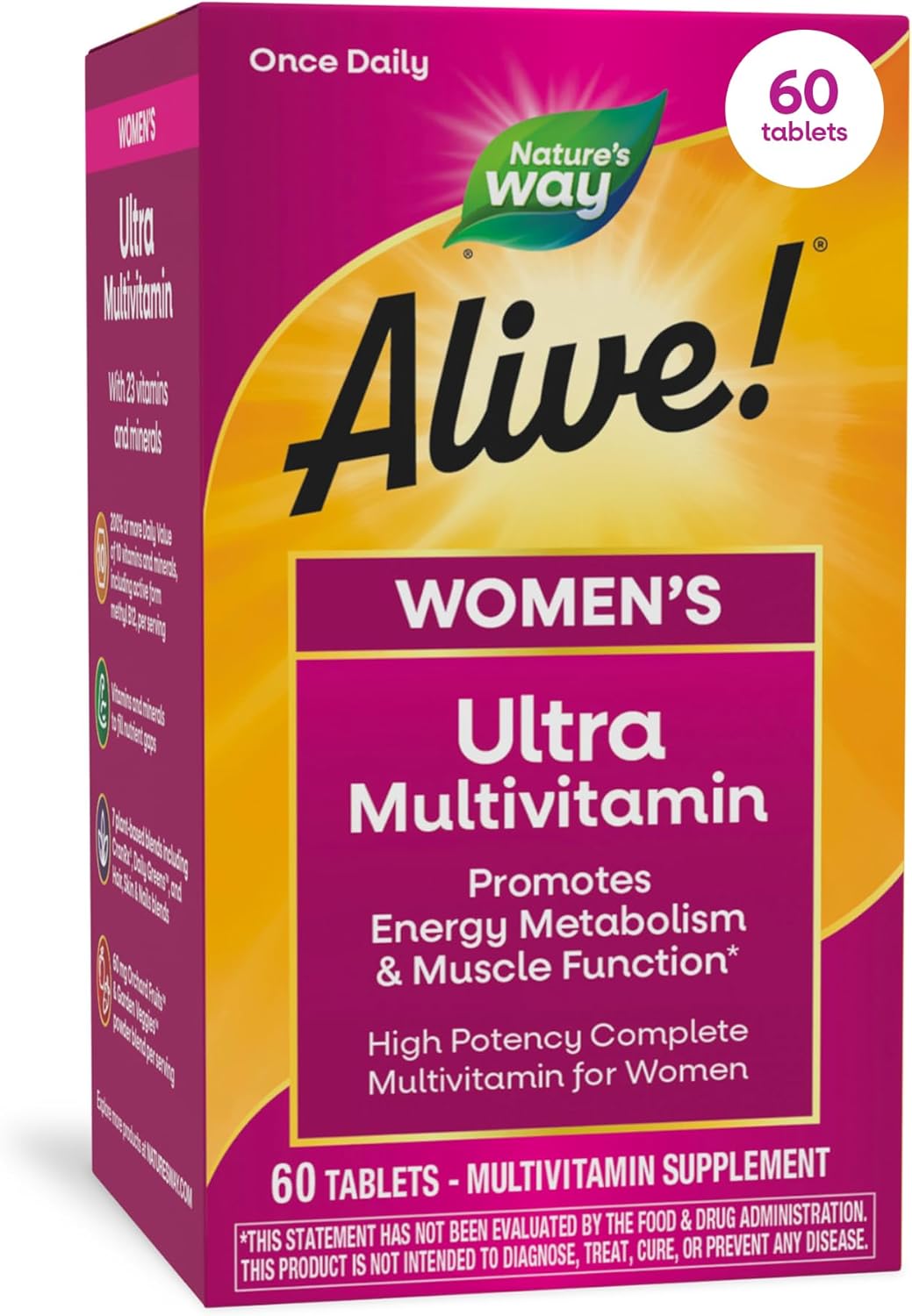 Nature’s Way Alive! Ultra Multivitamin for Women, Complete Daily Women’s Vitamins, High Potency Formula, Promotes Energy Metabolism and Muscle Function*, Vitamin A, C, D, Methylated B12, 60 Tablets